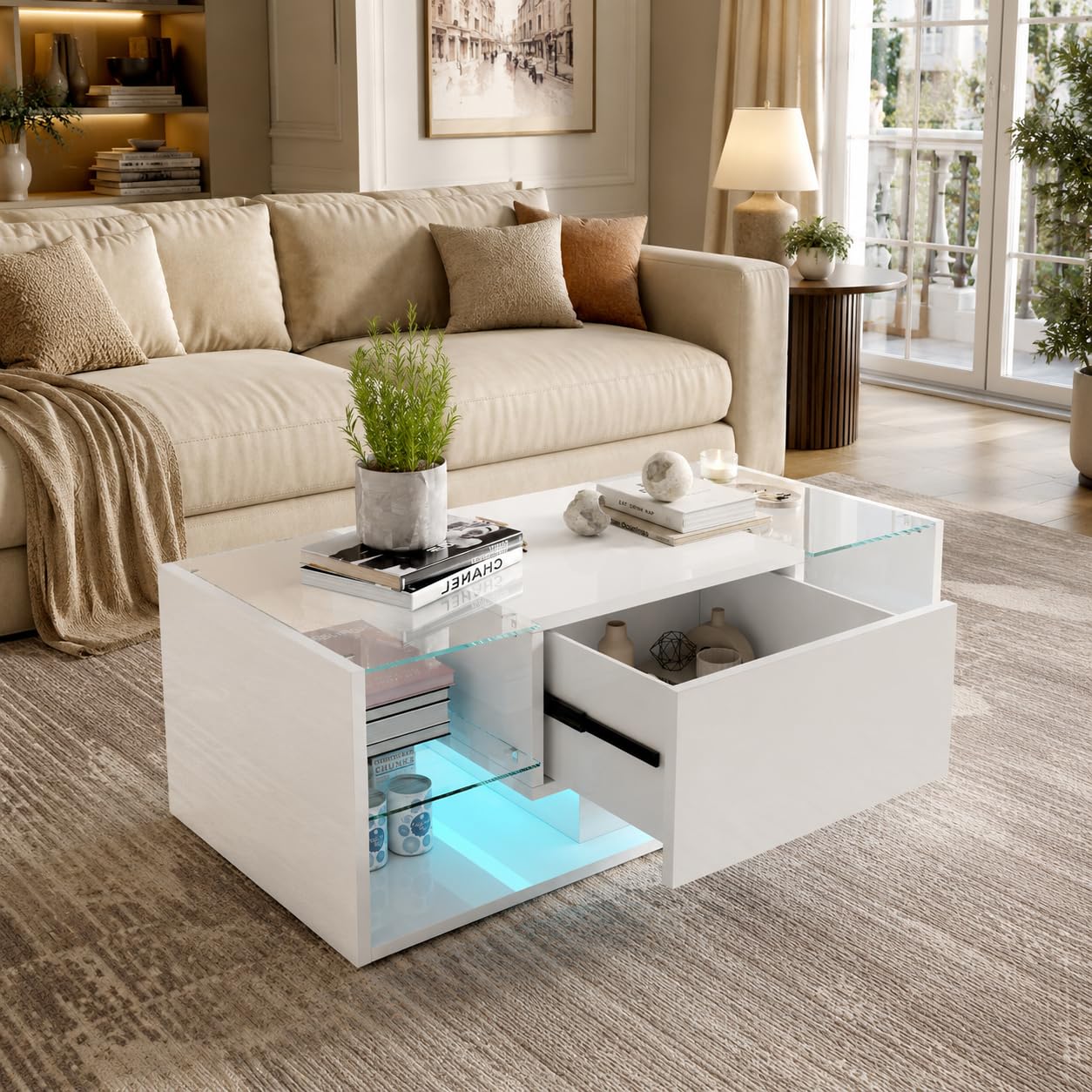 Tavolino da caffè con Contenitore, tavolino Salotto Moderno con Illuminazione a LED, tavolino da Soggiorno Lucido con cassetti e vano a Giorno, tavolino da Divano per Soggiorno o Ufficio