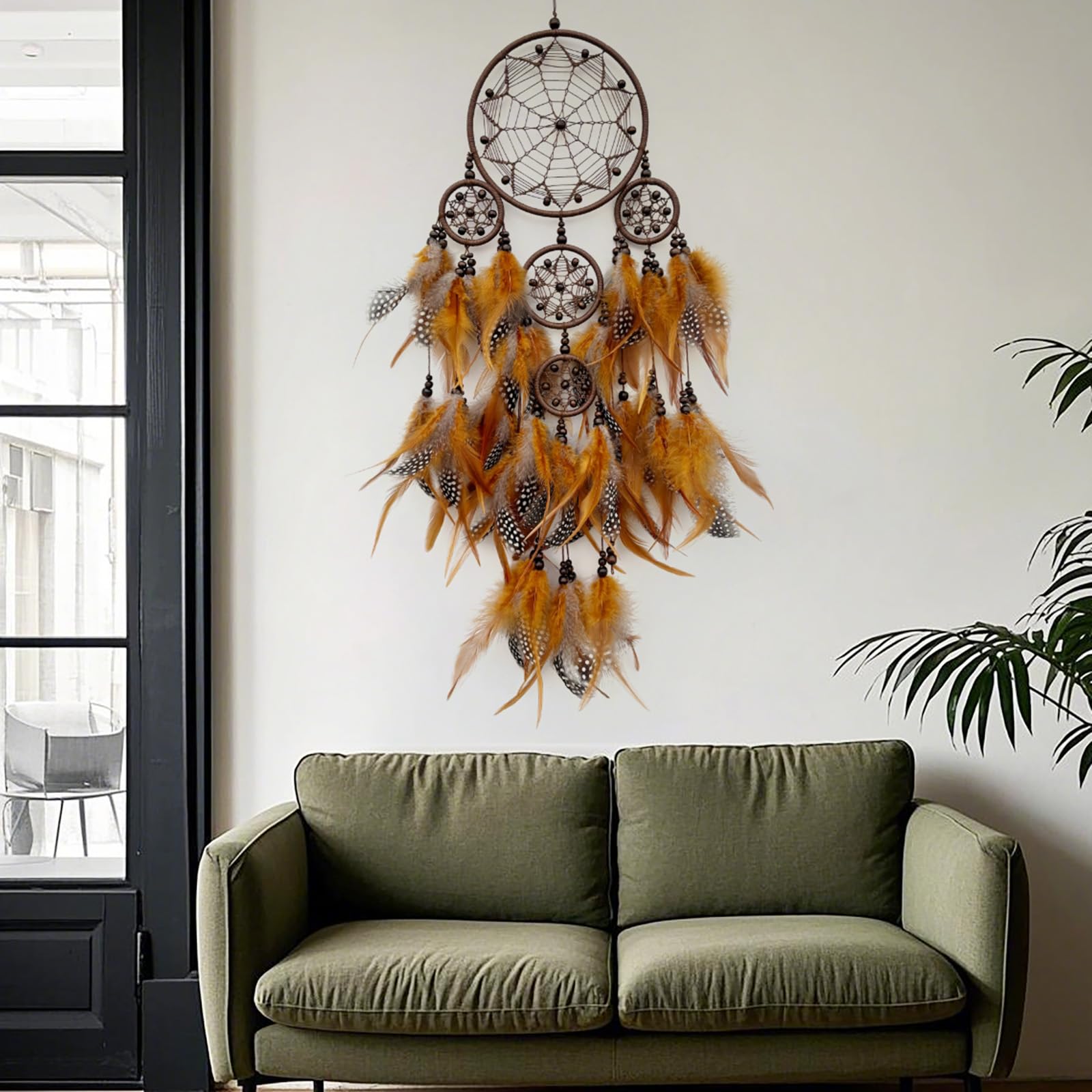 Donko Großer Traumfänger, Wanddekoration, brauner Feder-Traumfänger mit Holzperle, handgefertigter Wandbehang, Ornament für Schlafzimmer, Wohnzimmer, Heimdekoration | Handgefertigt, Wanddekoration, Wandbehang, Ornament, Schlafzimmer, Wohnzimmer, Heimdekor