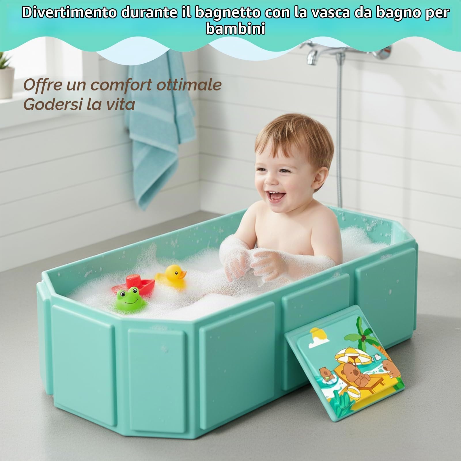 Vaschetta Vasca Bagnetto Neonato Pieghevole, Vasca da Bagno Portatile Multifunzionale per Bambini da 0 a 8 Anni, Design all-in-one con Tappo di Scarico, Salvaspazio, Antiscivolo, Verde