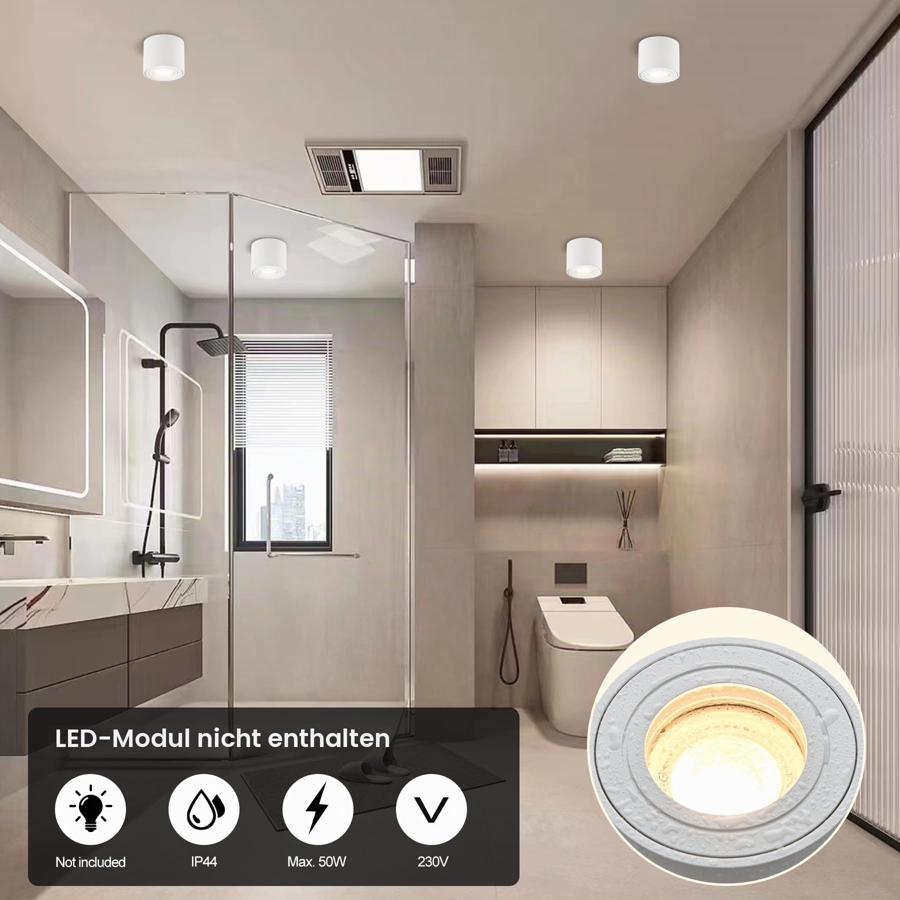 KYOTECH LED Aufbauspot flach IP44 Weiß Aufputz Deckenleuchte Ø80x65mm für LED Module 230V Aufbauleuchte Downlight Runde Wasserschutz für Bad & Außen 4 Stück ohne Leuchtmittel
