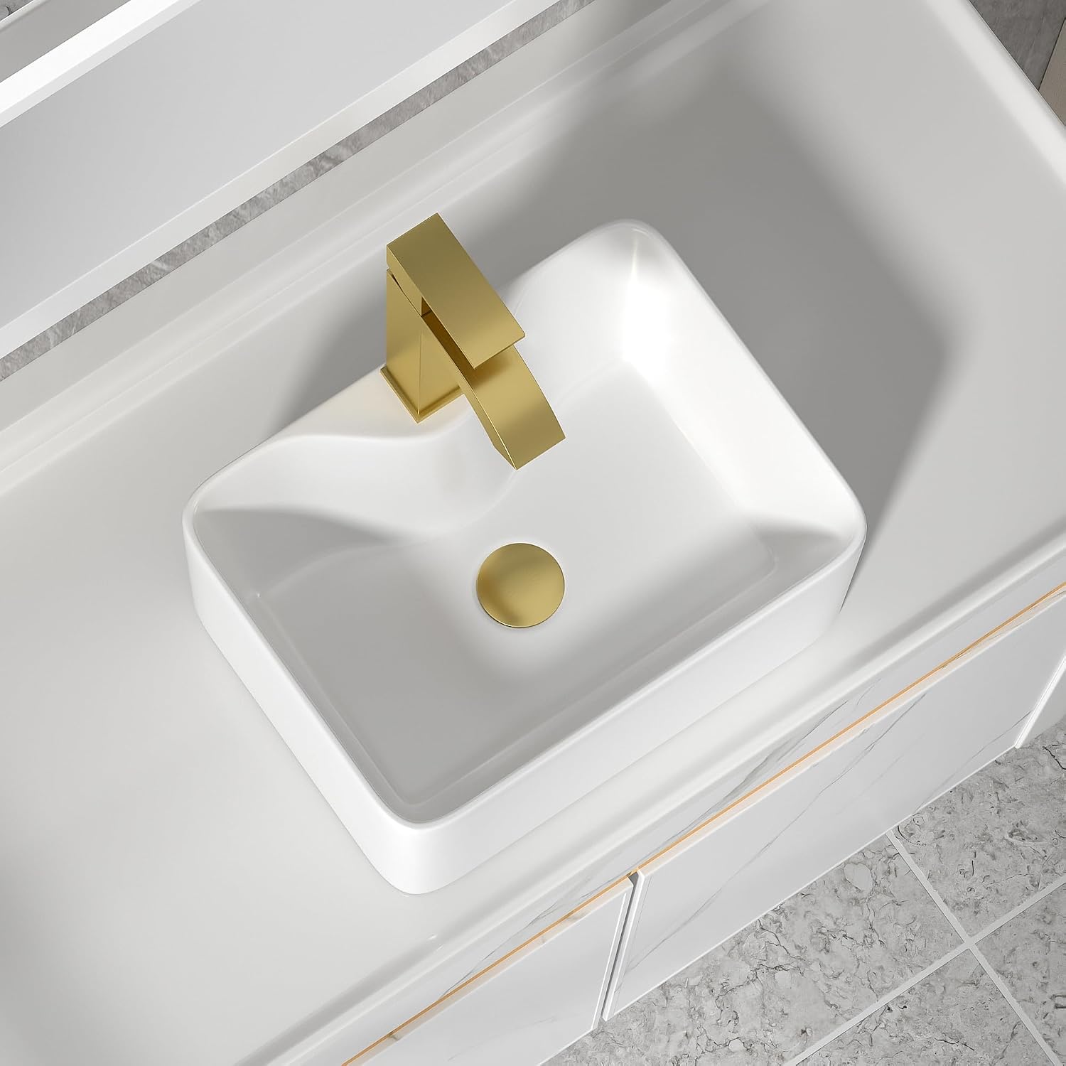 16"x12" Bathroom Vessel Sink Rectangular with Faucet Combo & Pop-Up Drain - White Porcelain Ceramic Rectangle Above Counter Vanity Lavatory Bath Sink Art Basin