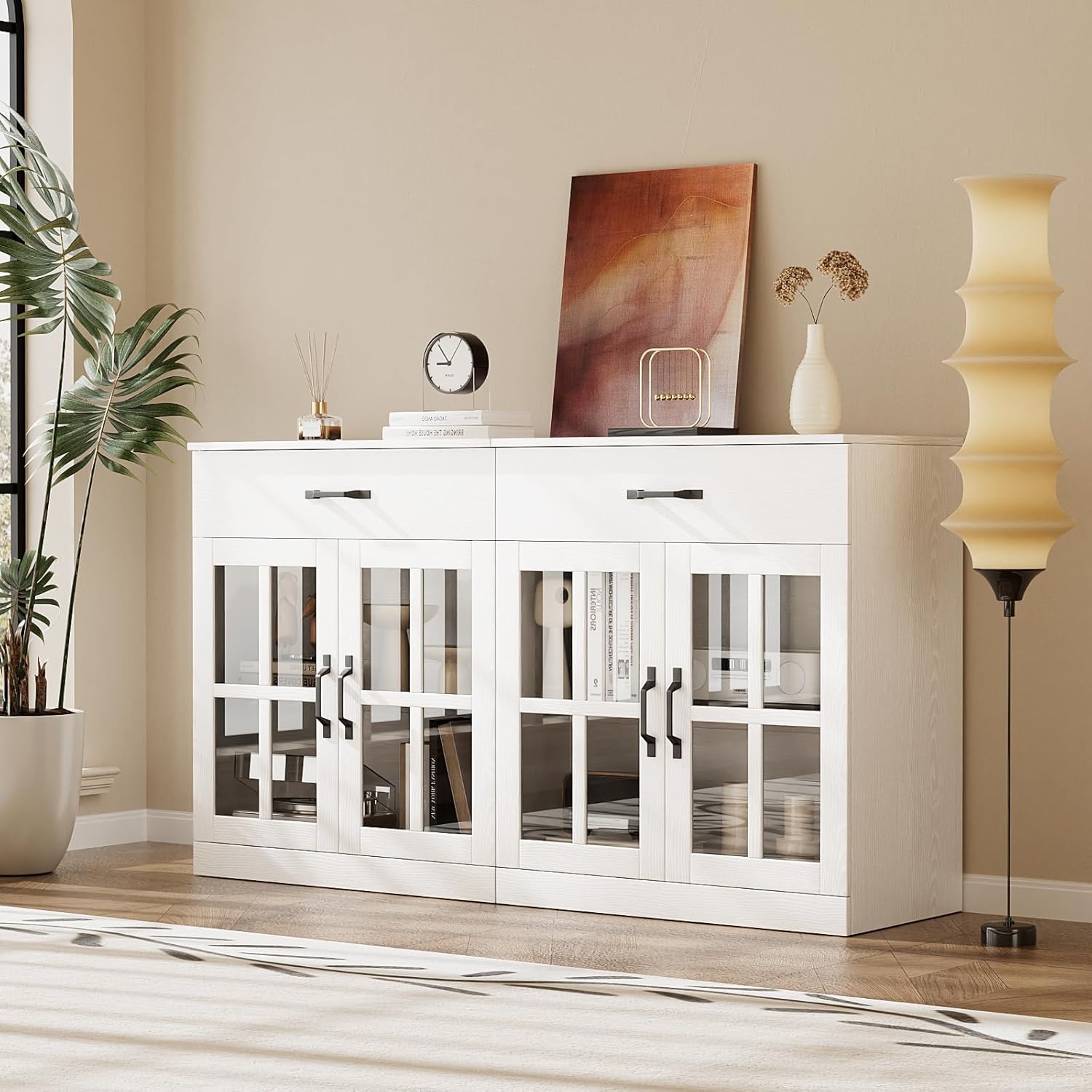 VOWNER 71" TV Stand for TVs up to 75", Entertainment Center with Bookcases & Drawers, 5PCS Media Console with Glass Doors, Tall Media Center for Living Room (White, AHHHA)