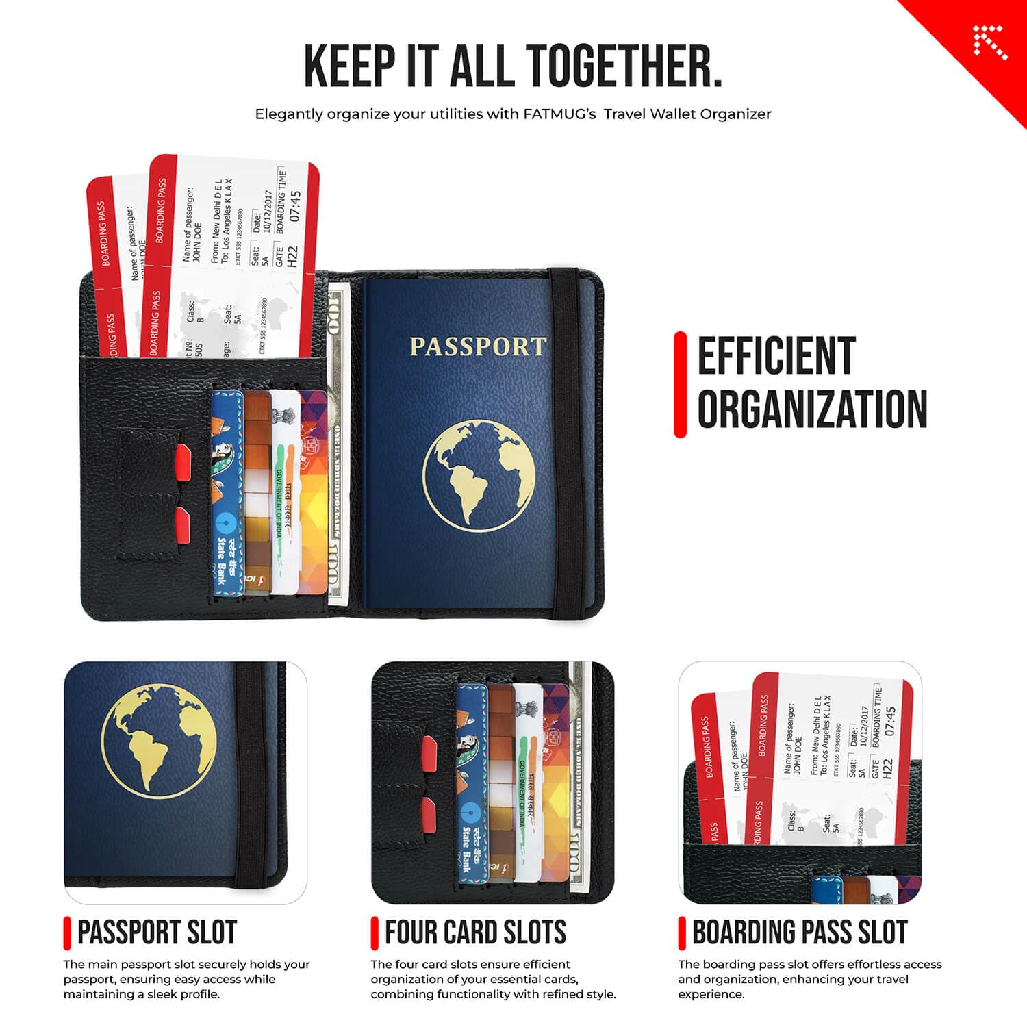 FATUG - Organizer unisex per passaporto, da viaggio, con cerniera, per riporre documenti, per passaporto, carte di credito, biglietti da visita, documenti del veicolo
