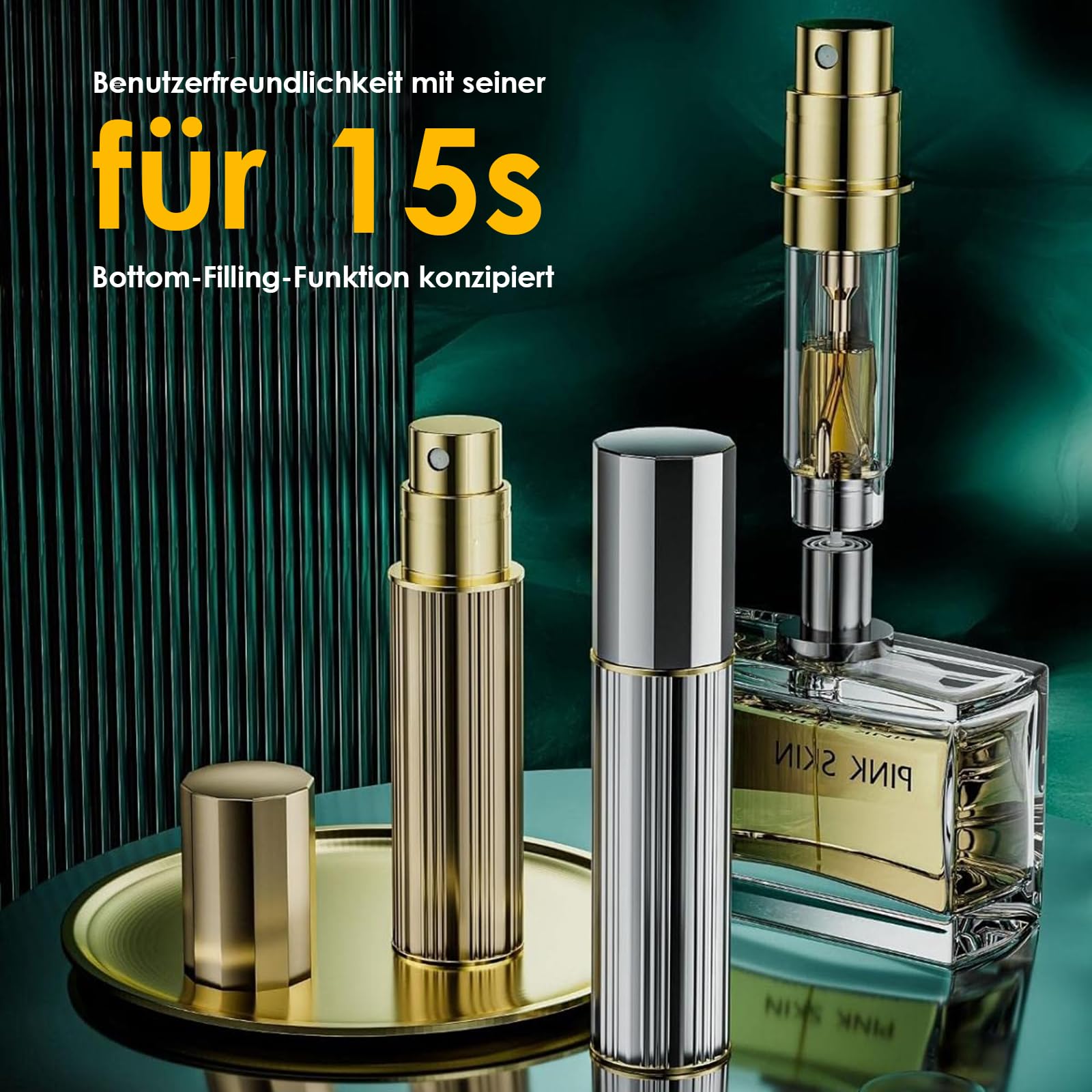 Travelofo 10ML Parfüm Abfüller, Parfümzerstäuber Nachfüllbar, Befülltechnik Ohne Trichter Leer Parfüm Zerstäuber Sprühflasche für Reise Handtasche Unterwegs (Gold & Schwarz)