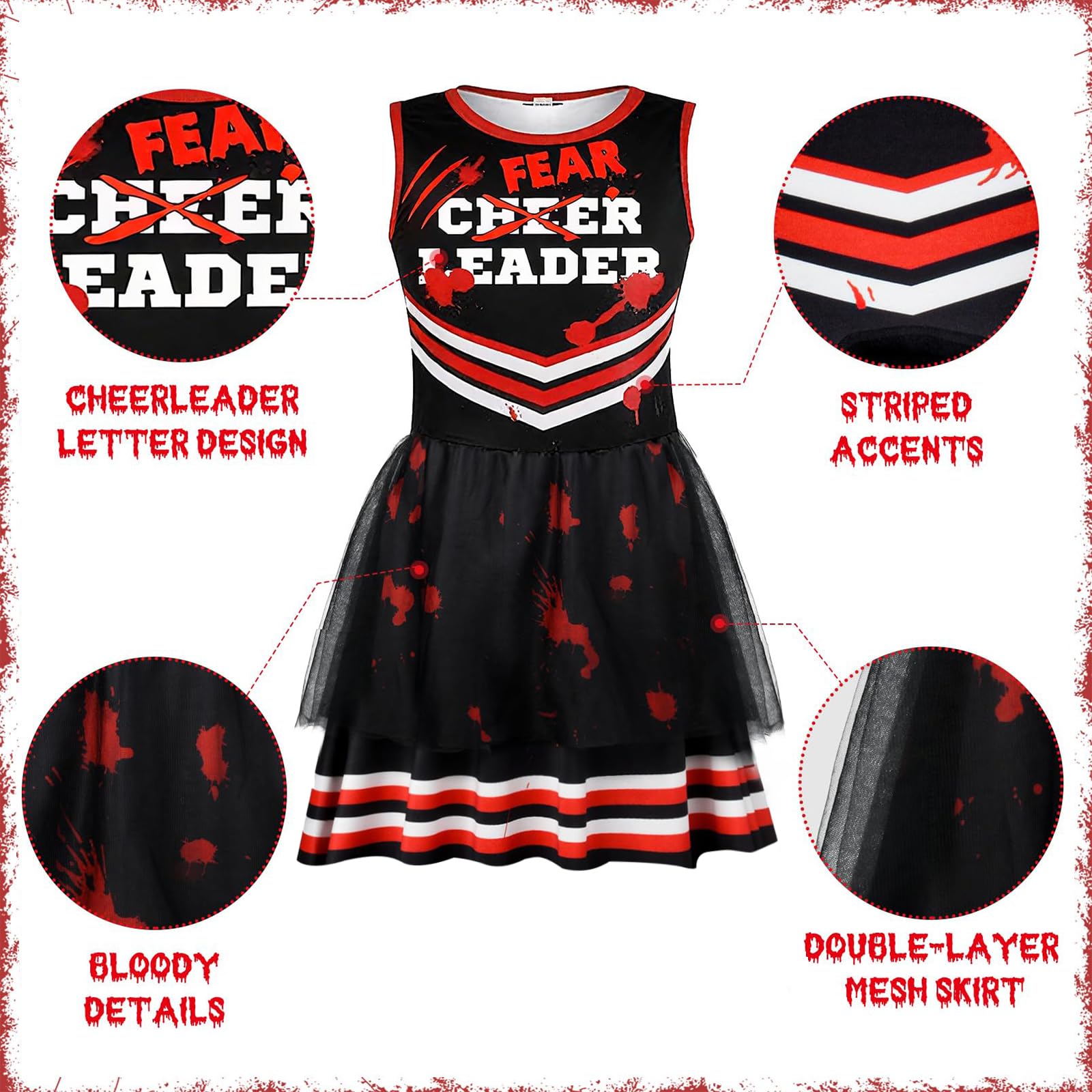 NebulaGlam Children's Cheerleader Costume Halloween, Zombie Cheerleader Costume - Image 4