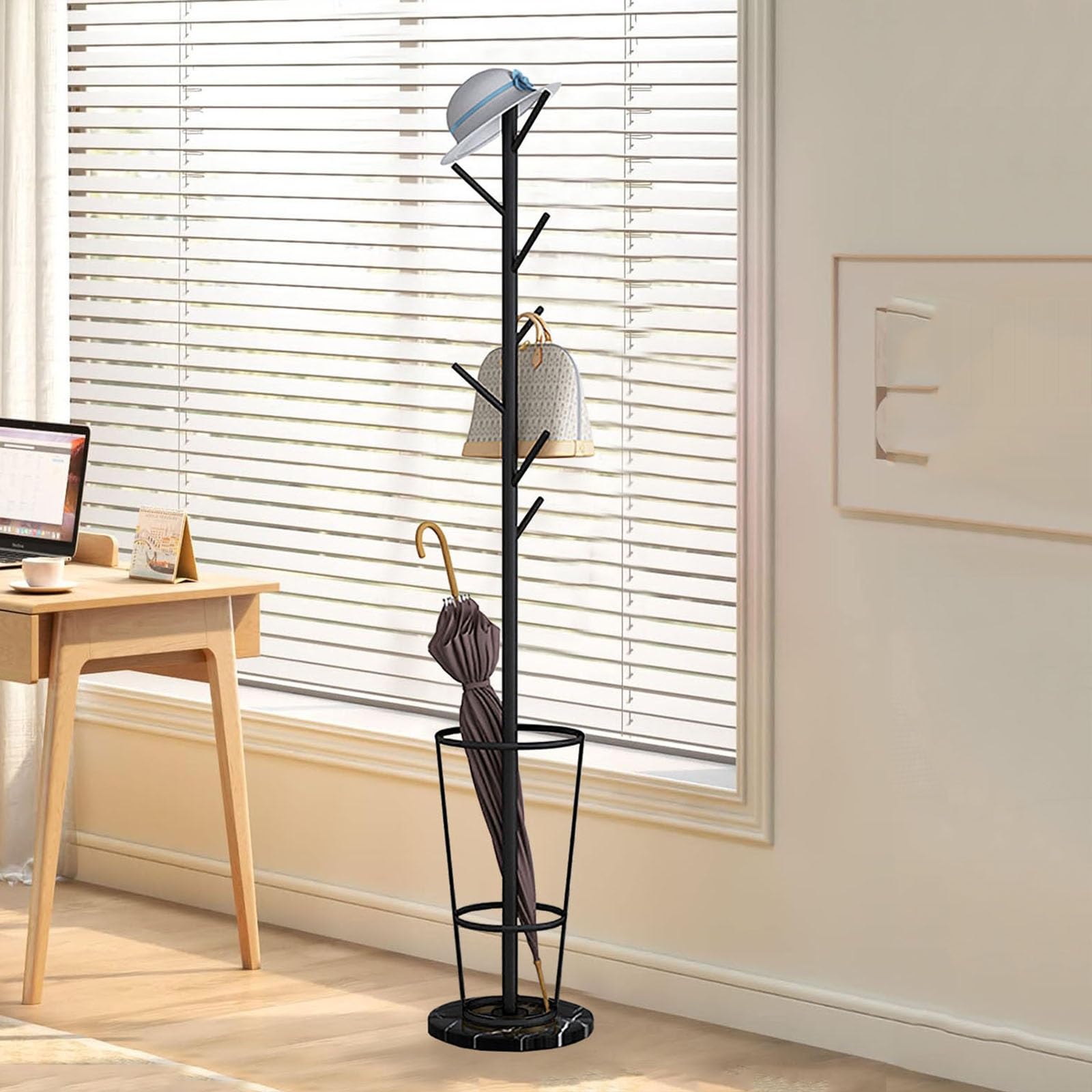HYLYGFH Entryway Umbrella Holder Stand with Coat Rack Space Saving Design Multiple Hooks Solid Marble Base for Stability.