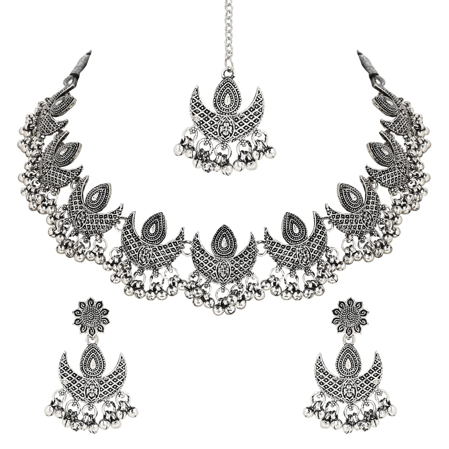 I JewelsNavratri Ethnic Silver Oxidized Traditional Afghani Choker Necklace Jewellery Set for Women (MC142OX)