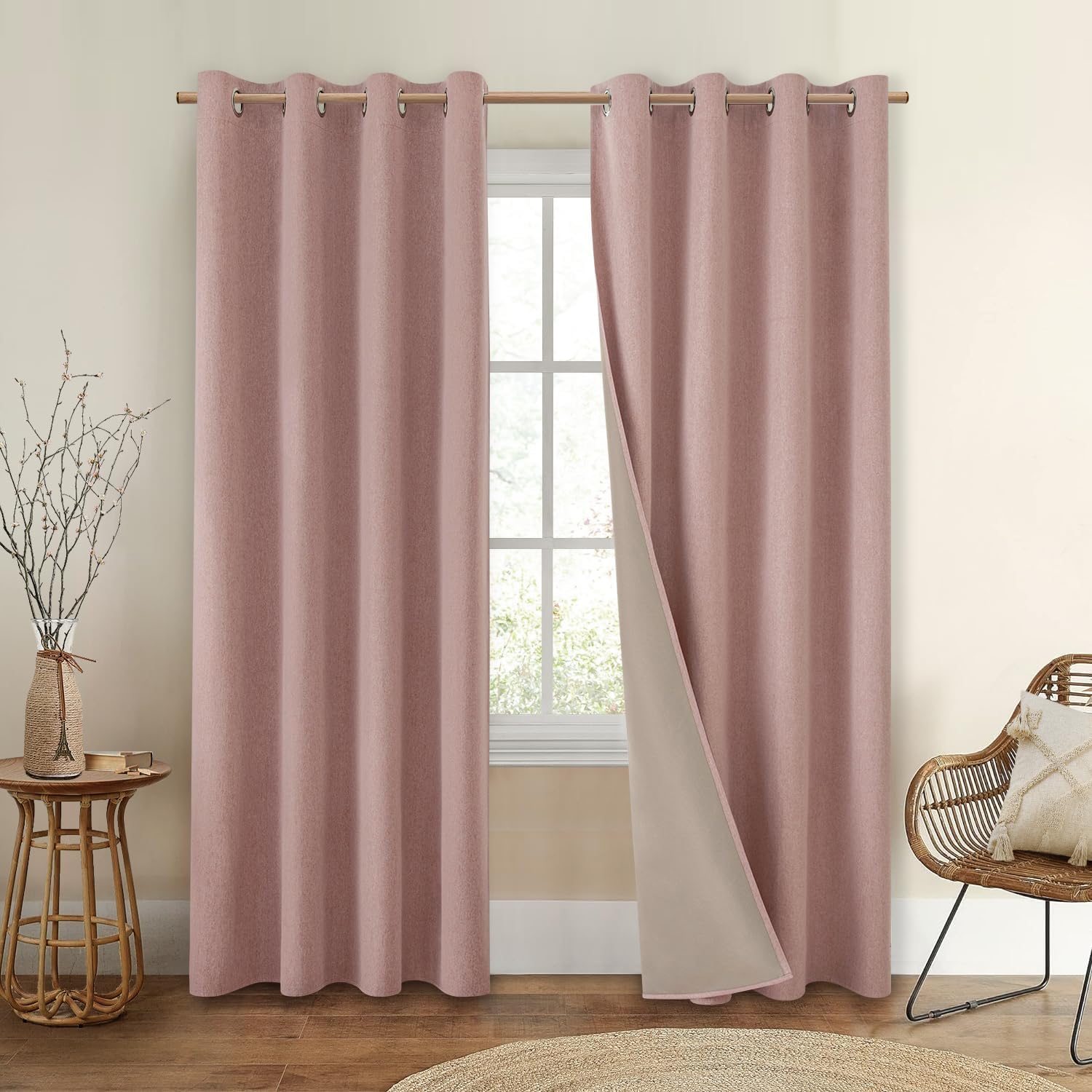 HOMEIDEAS 100% Blackout Curtains for Bedroom Blush Pink Linen Curtains ...