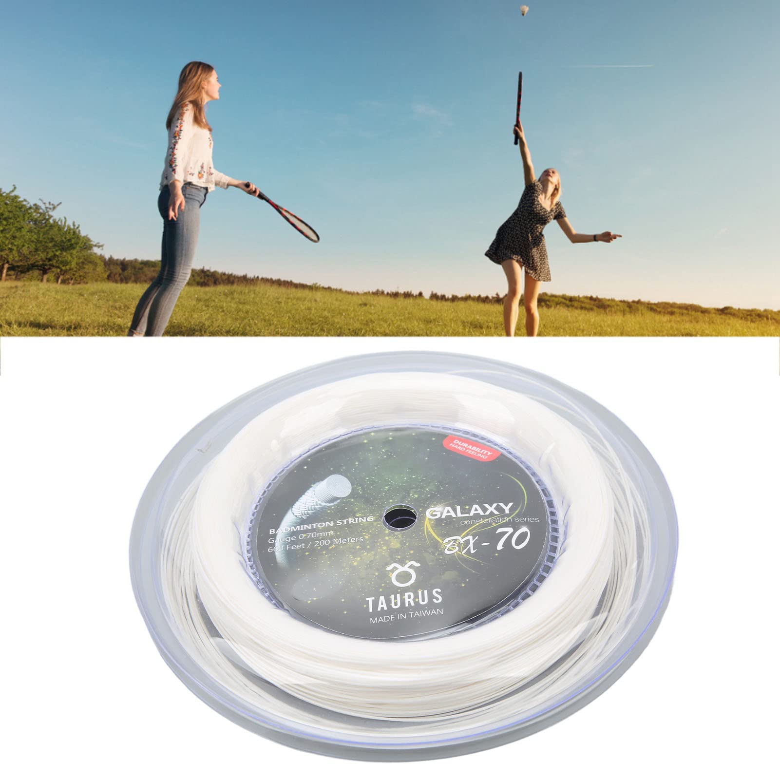 Keenso Cuerda de Raquetas de Bádminton POWERTI BX70, Cuerda de Raqueta de Bádminton de Nailon de Alta Elasticidad, Cuerda de Bádminton de 0,7mm, Carrete de 200m (Blanco)