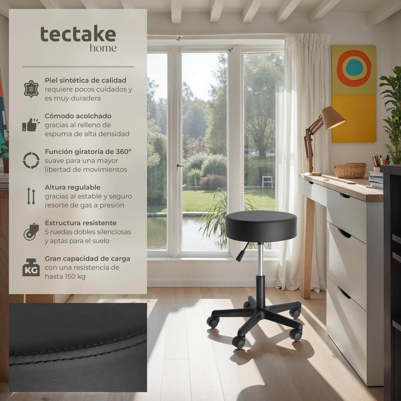 tectake® Taburete Regulable y Giratorio con Ruedas, Ideal como Taburete Cocina, Banqueta o Banquetas Cocina, Cómodo y Práctico para Taburetes con Ruedas - 48 x 48 x 63 cm Negro