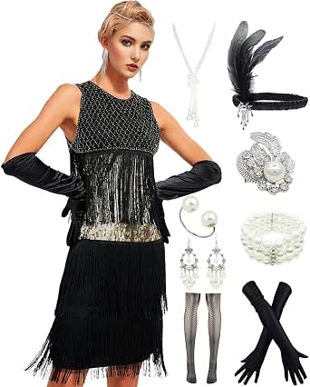 LELOVEFU 1920s Flapper Dress With Accessories – Sequin Fringe Gatsby Dress, Feather Headband, Pearl Necklace, Gloves & Stockings For Theme Parties