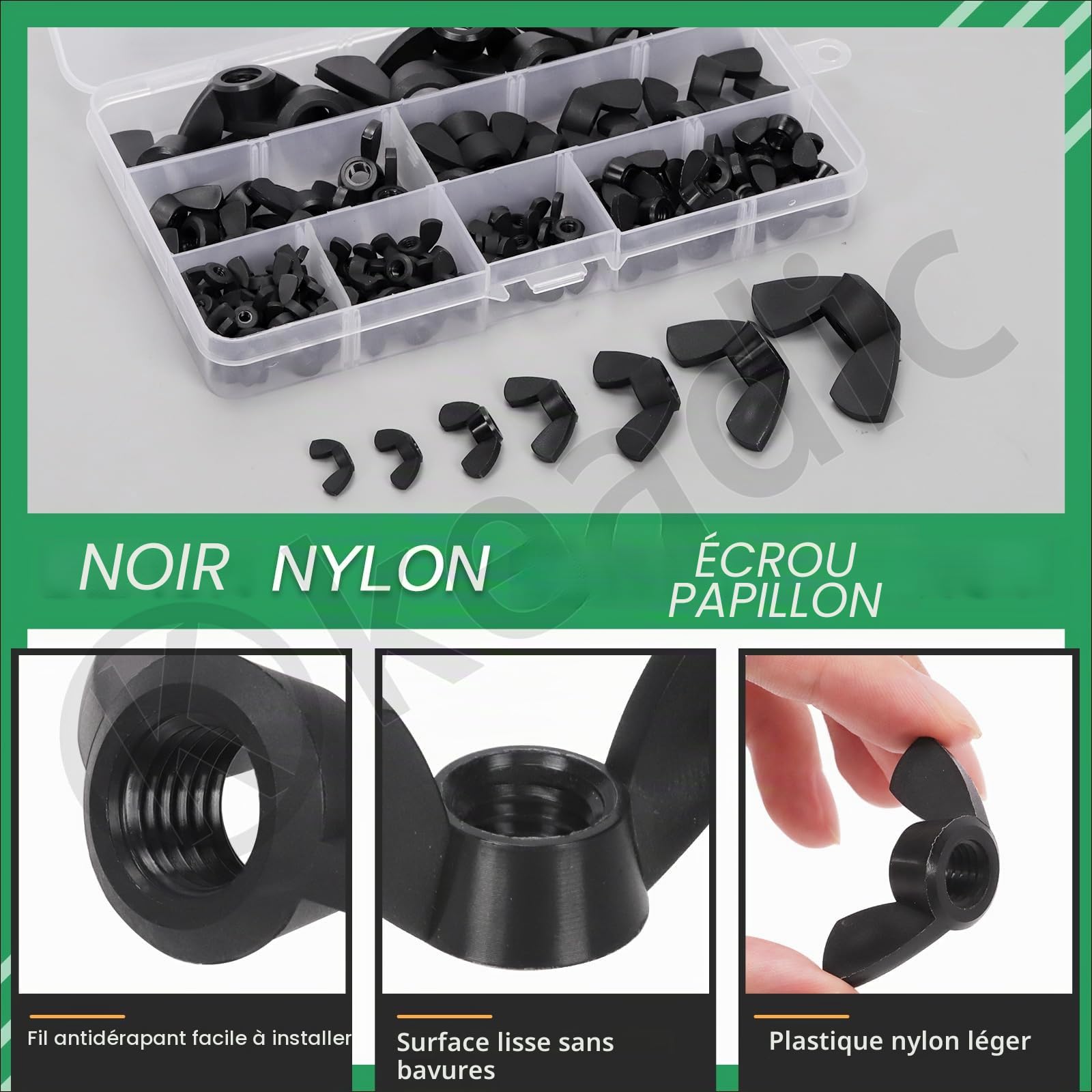 Keadic Lot de 110 écrous à ailettes métriques en nylon M3 M4 M5 M6 M8 M10 M12 Hand Twist Serrage Oreille Papillon Écrous à ailettes pour Home Building Industry (noir)