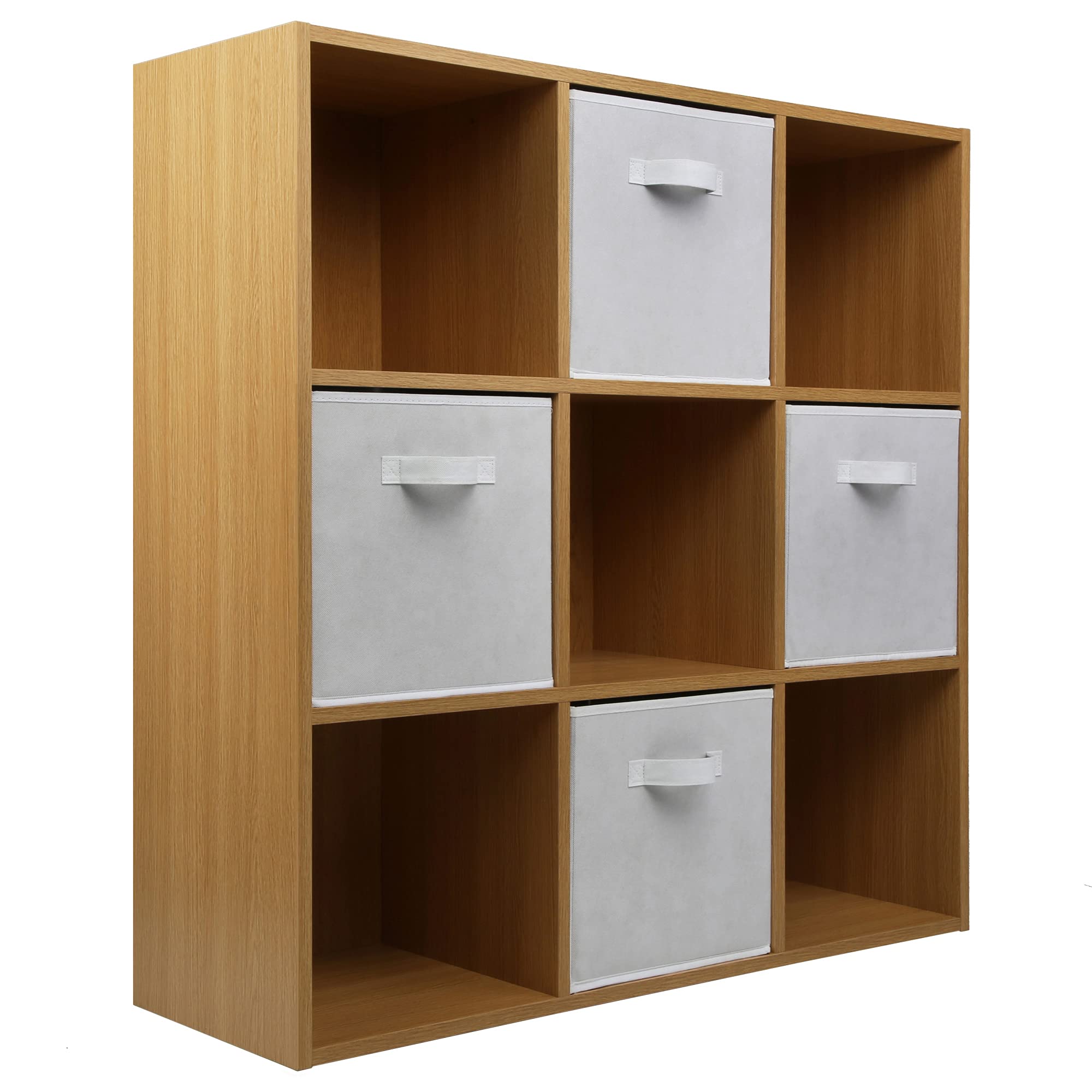 Charles Jacobs Oak 9 Cube Storage Shelving Unit + 4 White Fabric Drawers