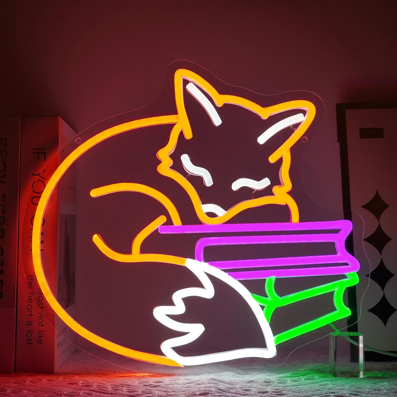 Virlusy Drinking Fox Sleep On Books Neon Sign for Wall Decor Dimmable Sleeping Fox Reading Book Led Light Signs Animal LED Neon Light for Room Decor for Classroom Library Study Room Bedroom Art Decor