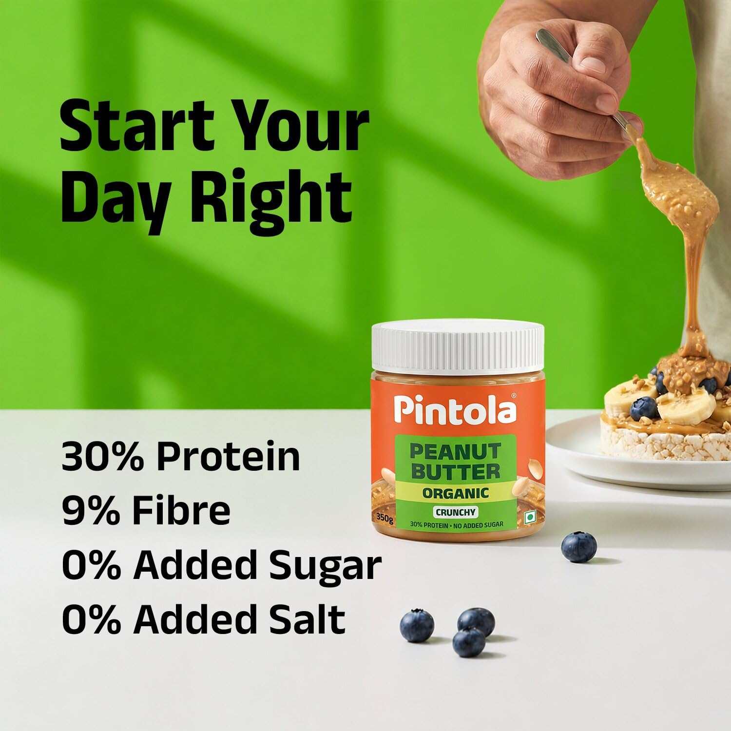 Pintola Organic Unsweetened Peanut Butter Crunchy 350g - High Protein 30g & 9g Dietary Fiber, Made with Organic Peanuts, No Added Sugar, No Preservatives 2