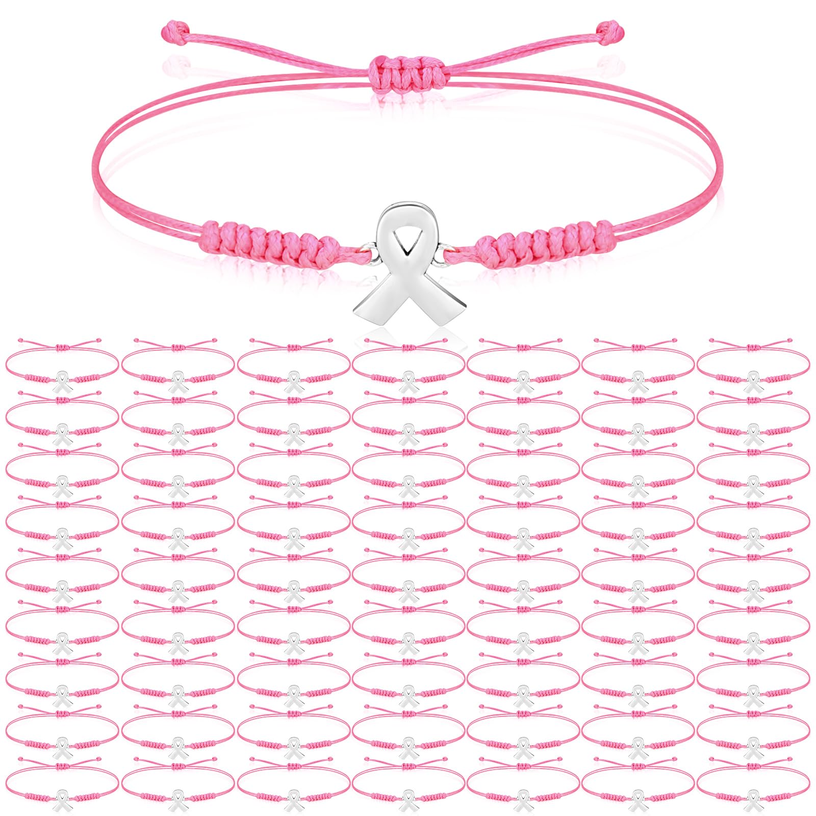 Sasylvia 20/50/100 Pcs Breast Cancer Awareness Bracelets Adjustable Cord Stretch Pink Ribbon Braided Bracelets Breast Cancer Gifts for Women