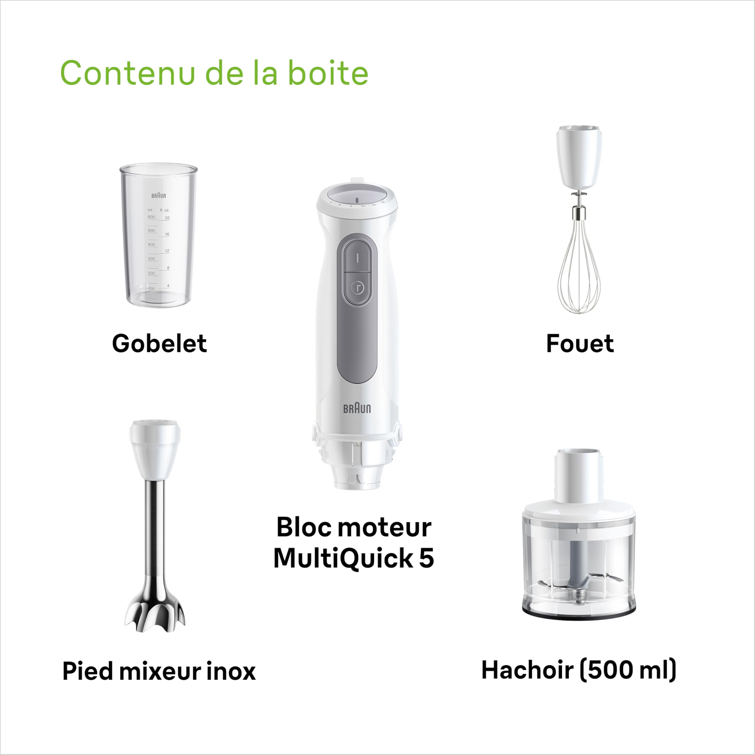Braun MultiQuick 5 - Mixeur Plongeant avec mini hachoir et Fouet pour Soupes, Smoothies et Milkshakes, 21 Vitesses + Turbo, mini hachoir 500ml, Verre Doseur 600ml, 1000W, Blanc (MQ50236M)