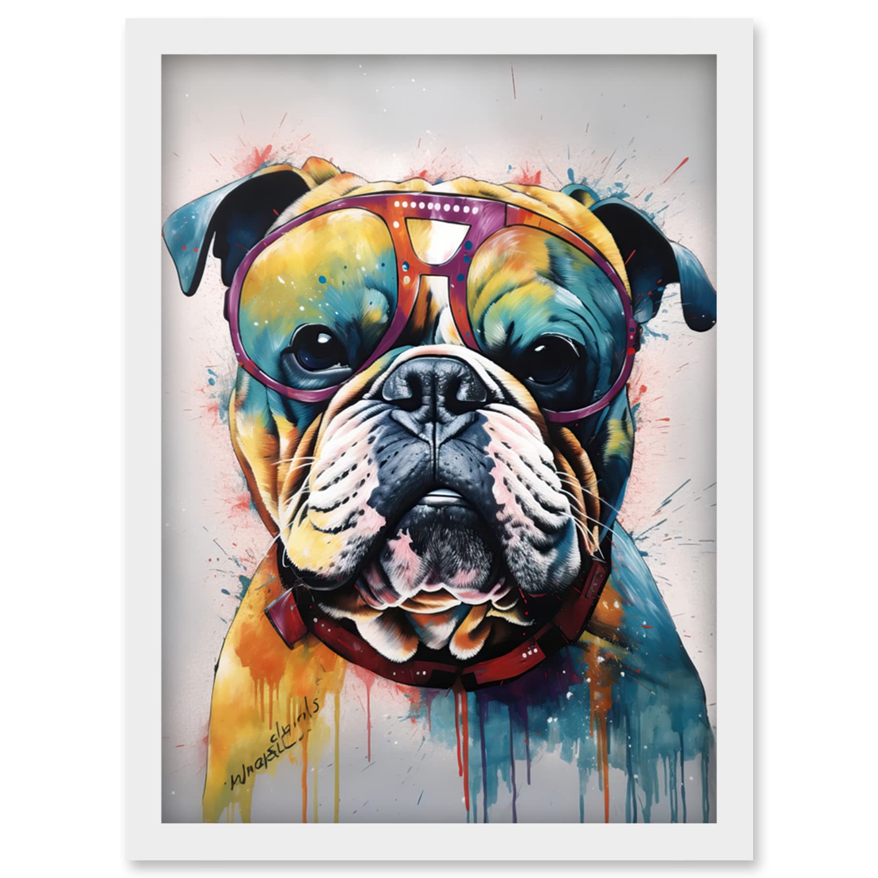 Artery8 English Bulldog Dog Wearing Vintage Sunglasses Artwork Framed Wall Art Print A4