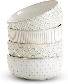 26oz Ceramic Cereal Bowls, Embossed Cereal bowls Set of 4, Large Soup Bowls Wide Anti-Slip Base, Dishwasher & Microwave Safe, 6 inch Stoneware Soup Bowls, Housewarming Gift, Arctic white
