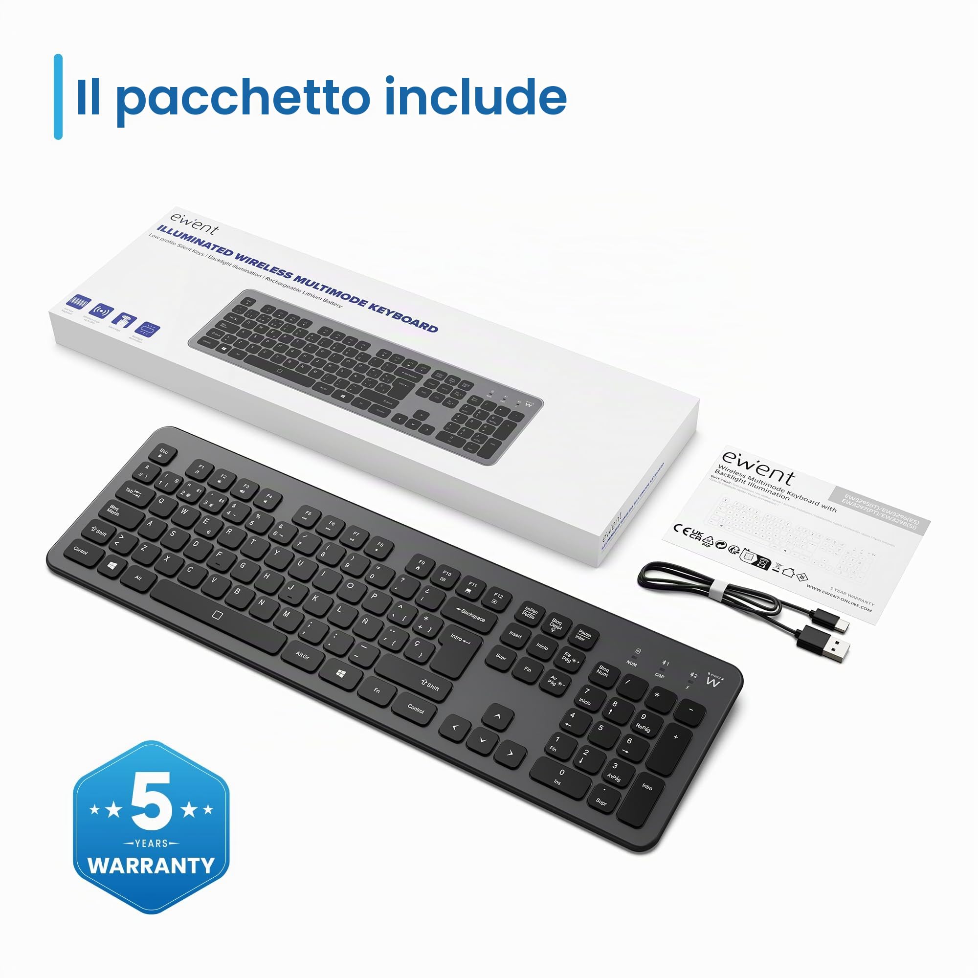 Ewent Tastiera Wireless Retroilluminata Full Size con Layout Spagnolo, Bluetooth e Wireless 2.4GHz, Tasti Silenziosi, Batteria Ricaricabile, Tastiera Senza Fili per Windows, macOS, Android e Tablet