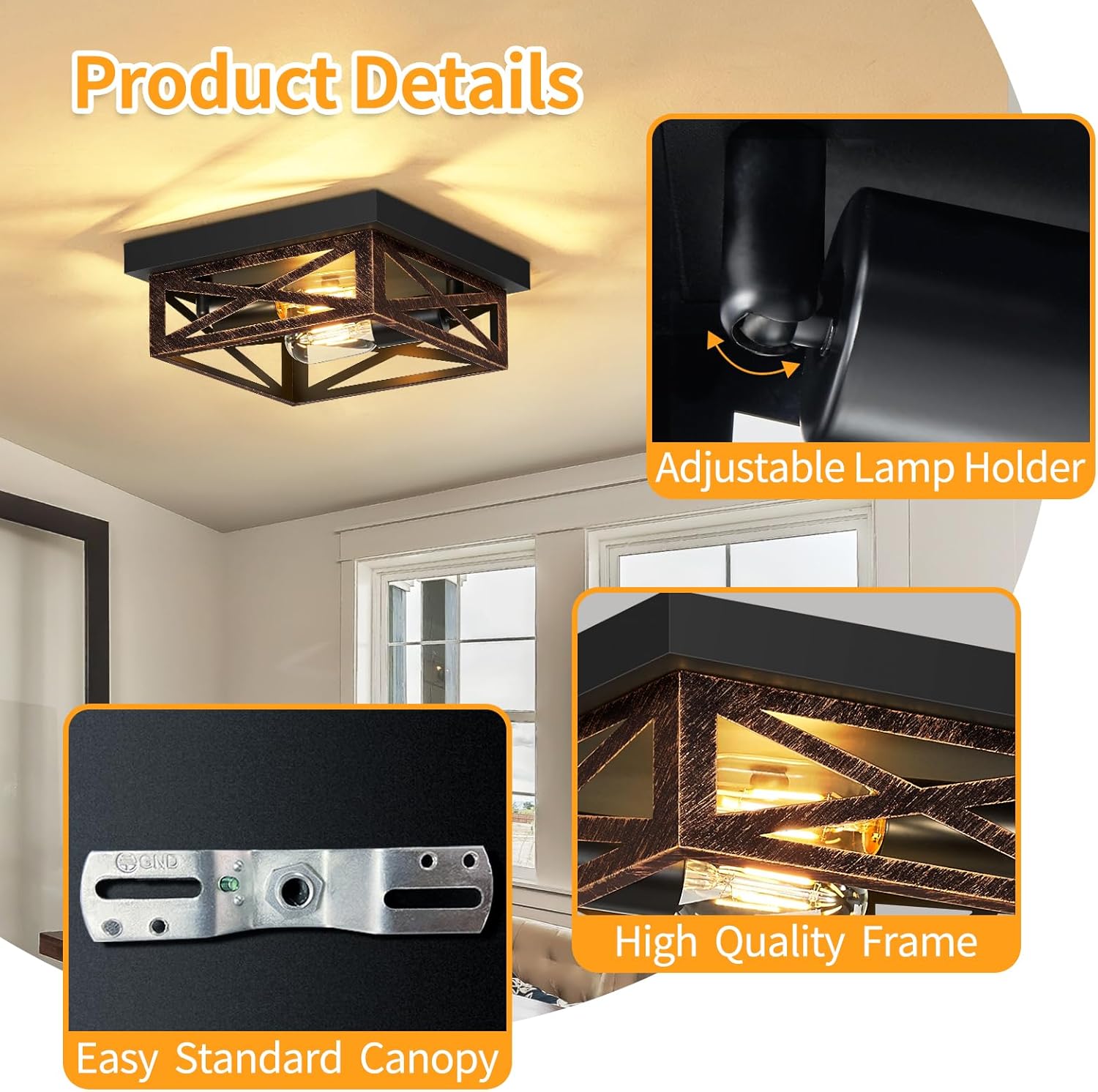 ZHU YAN Flush Mount Ceiling Light,2-Light Farmhouse Light Fixtures,Square Hallway Light Fixtures,Rustic Black Ceiling Light Fixture for Kitchen Hall Entryway Hallway (2 Pack)