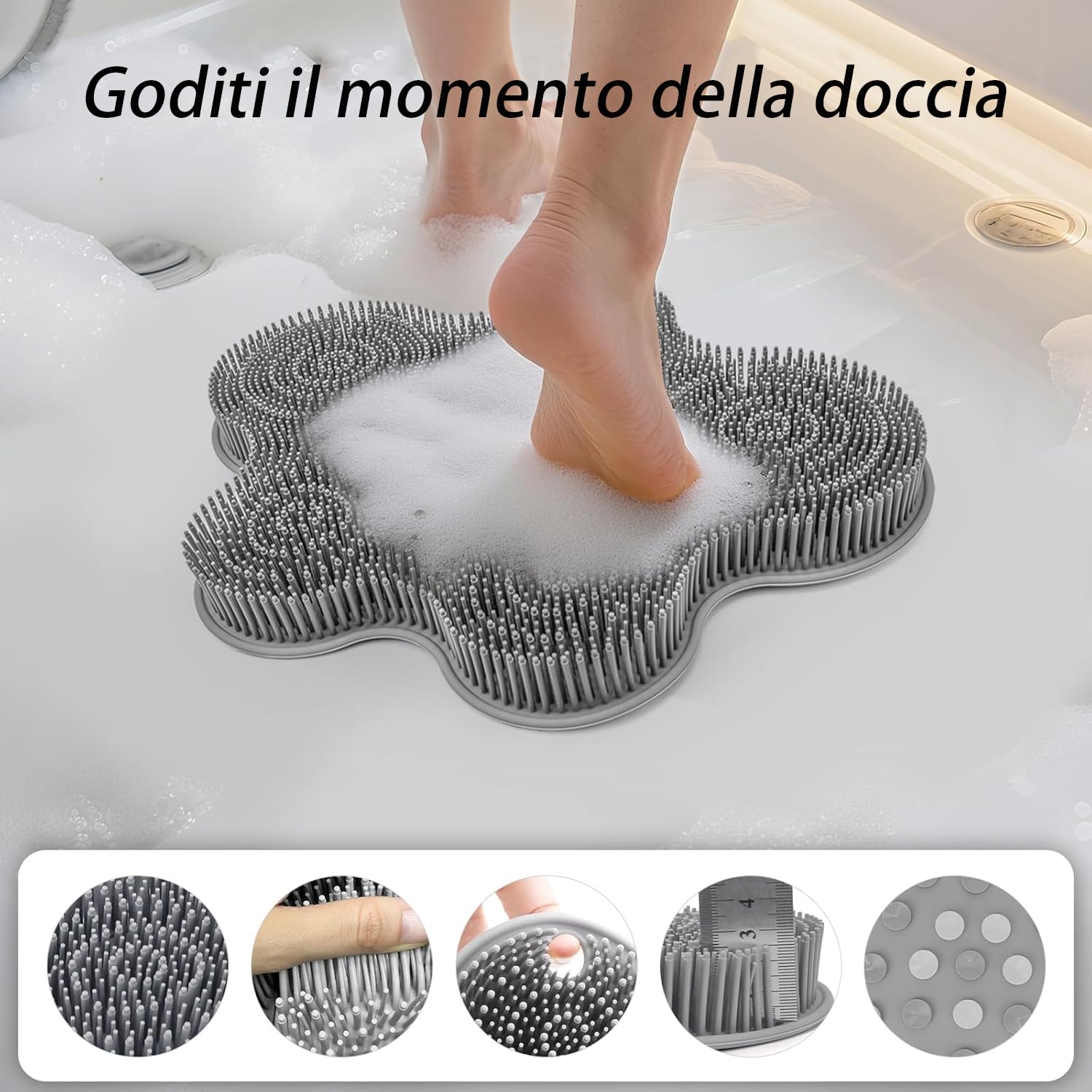 lavapiedi per Doccia, 14.2 * 11.2in Tappetino in Silicone per Doccia lavapiedi, Antiscivolo con Ventose per Lavapiedi, Spazzola per Piedi per Cura e Pulizia Profonda (Grigio)