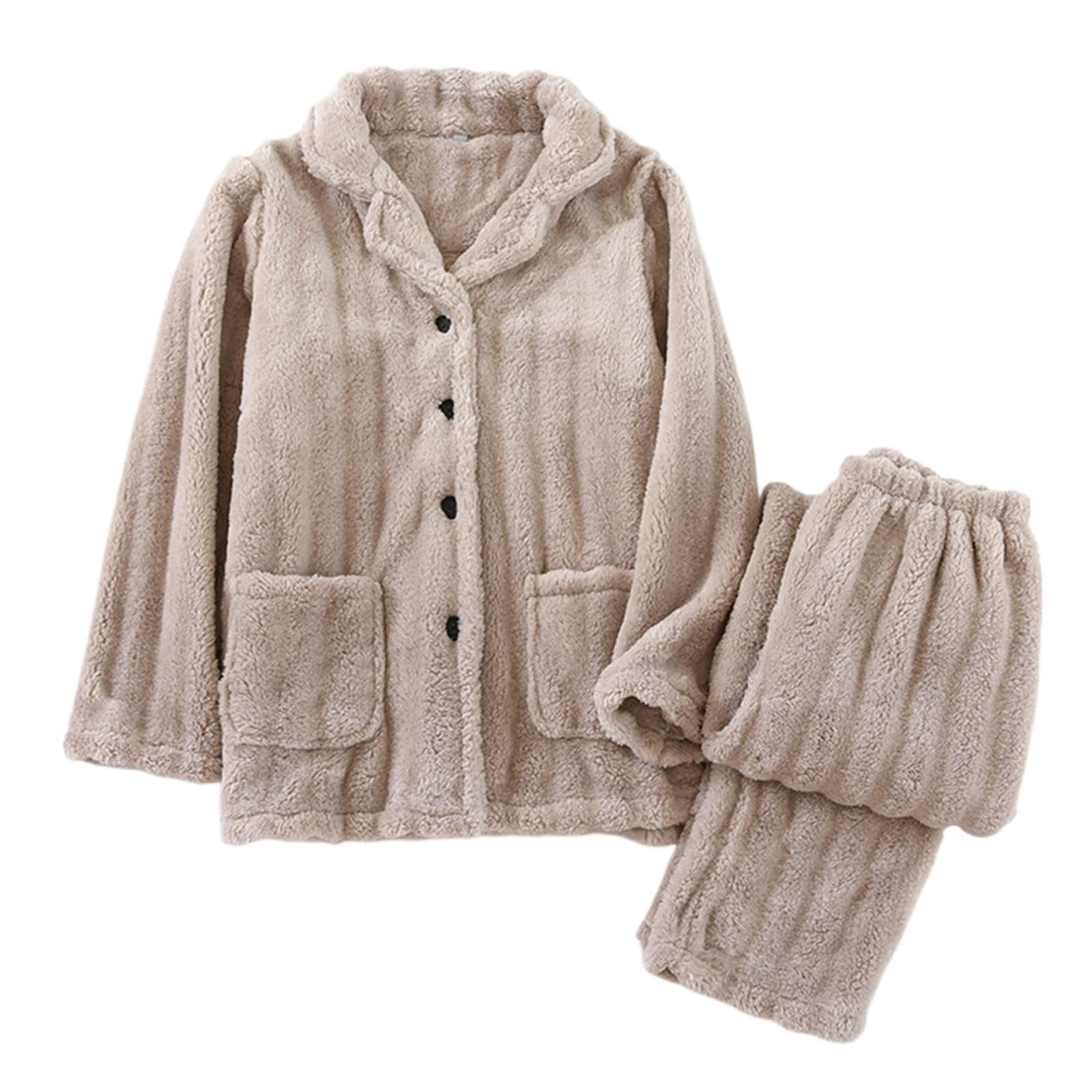 L6NqIAG Thermal Pyjamas Women Women's Couple Coral Plush Autumn And Winter Thickened Warm Home Set Women Tall Pajamas Long Sleeve Satin Pajama(Khaki,M)