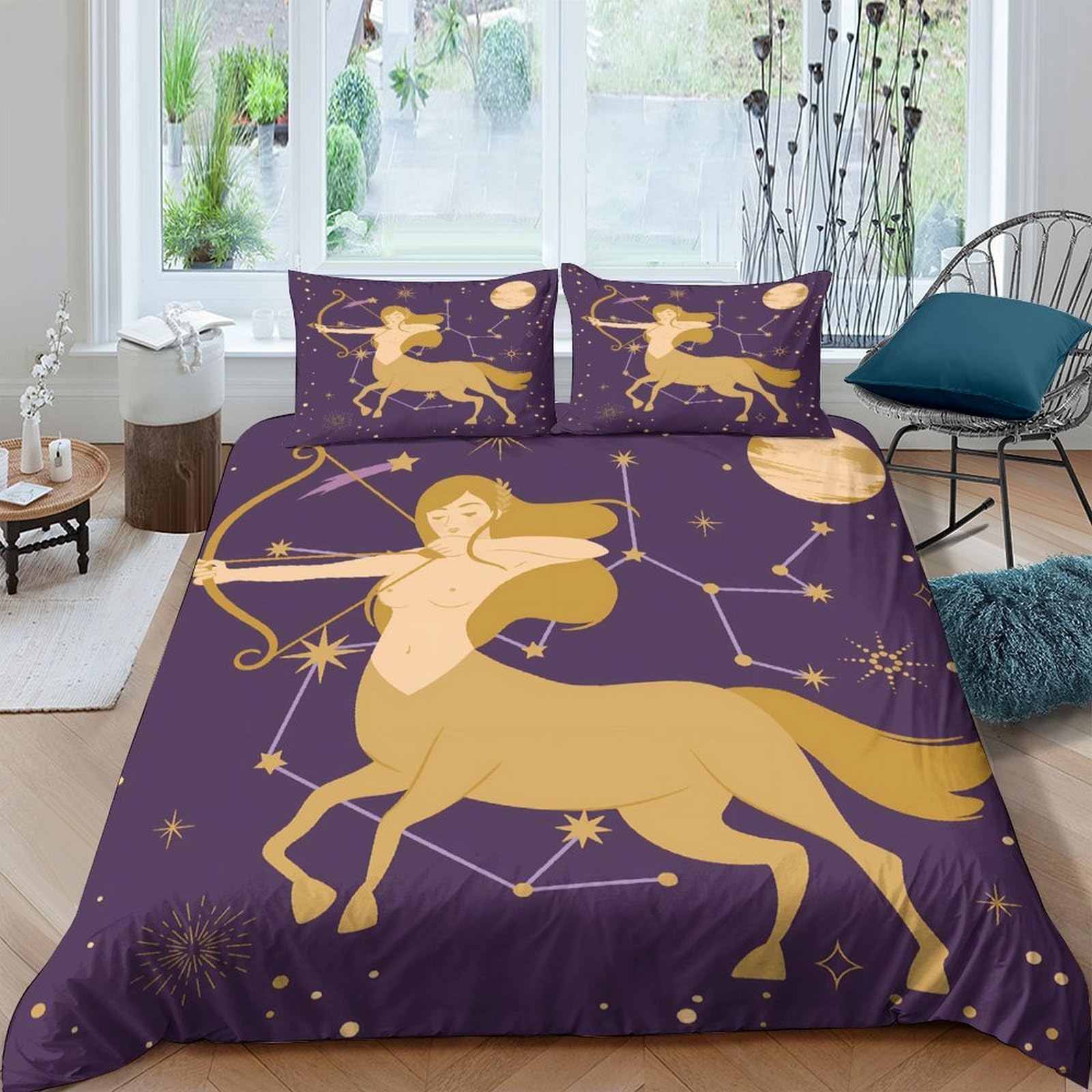 Ctjqhvkz Style-10 3D Printed Sagittarius Zodiac Fitted Sheet Microfiber Soft Purple Star Constellation Bed Cover For Bedroom Decor Single（135X200cm）