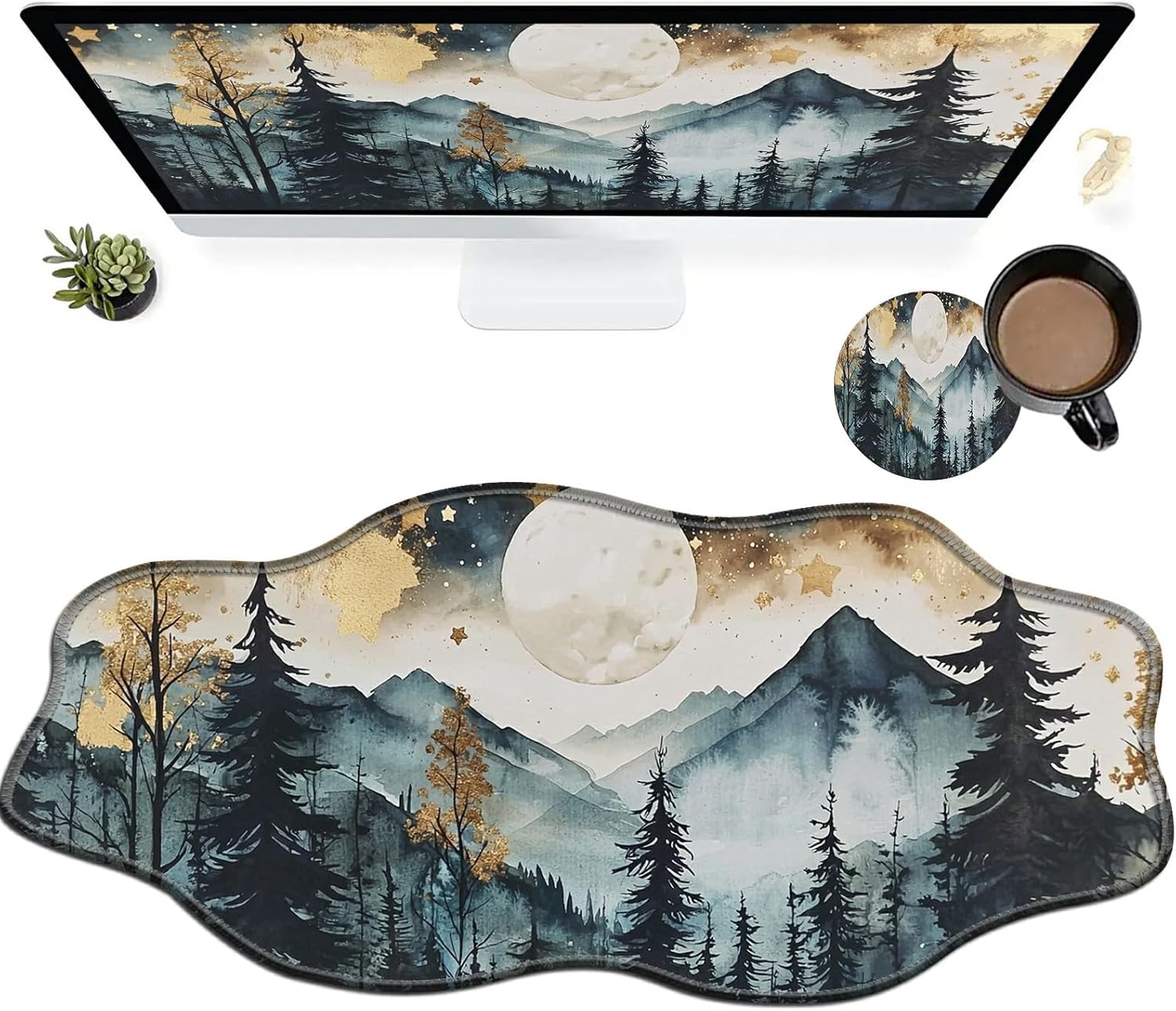 Landscape Forest Large Gaming Mouse Pad Plus a Coaster, 35.4 x 15.7 inches Desk Mat Extended XXL Mousepad with Stitched Edge Non-Slip Rubber, Desk Pad Computer Mouse Mat for Home Office