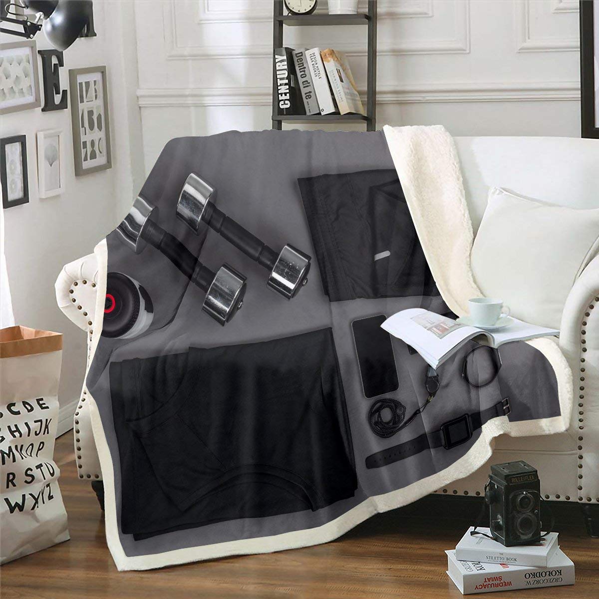 Coperta sportiva Sherpa con manubri in pile per bambini, ragazzi, ragazze, attrezzatura sportiva, coperta in peluche, alla moda, nera, per divano letto, king size, 200 x 200 cm