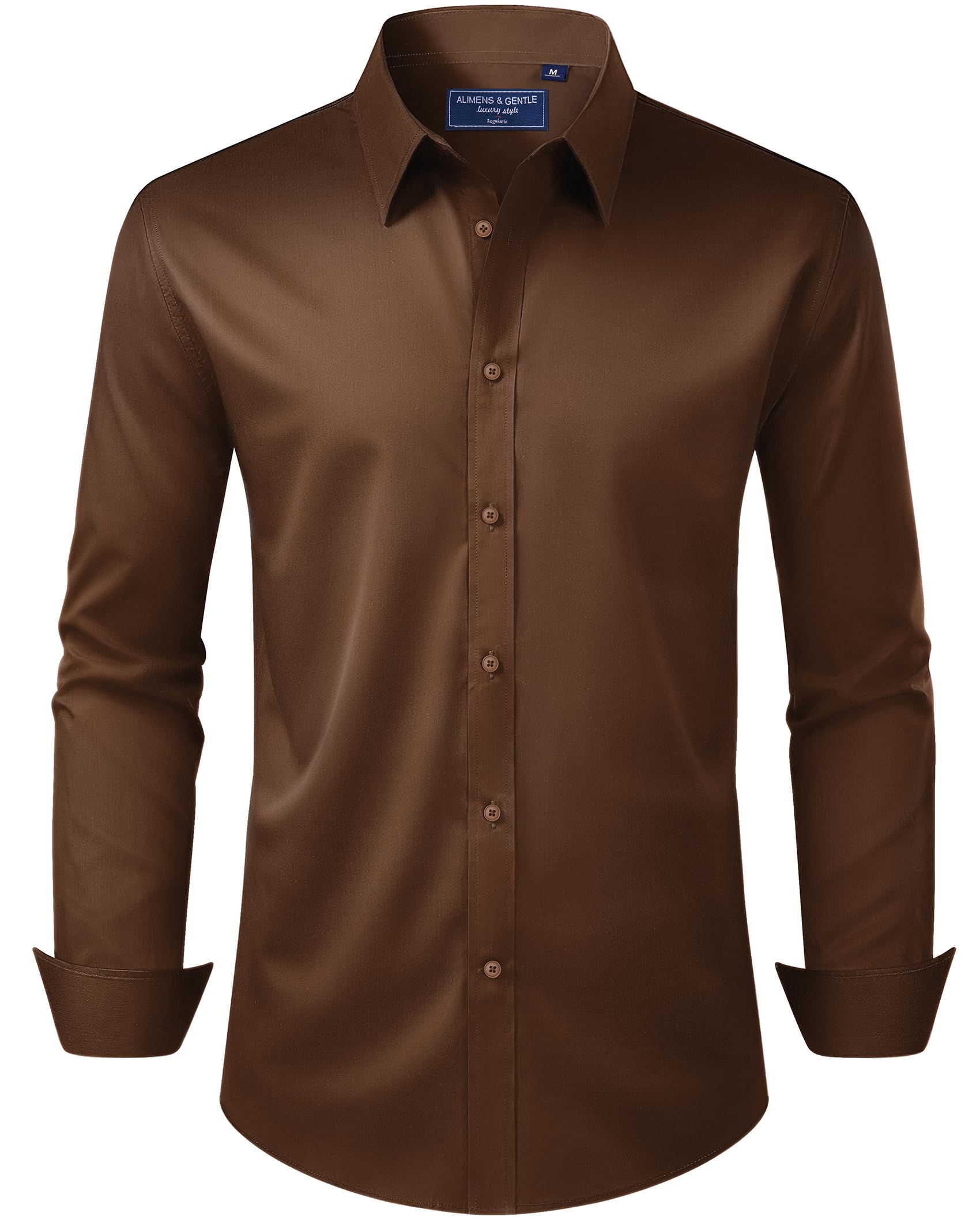 Alimens & Gentle Men's Dress Shirt Regular Fit Stretch Stain Shield Long Sleeve Solid Business Wedding Button Down Shirts, Brown, Medium