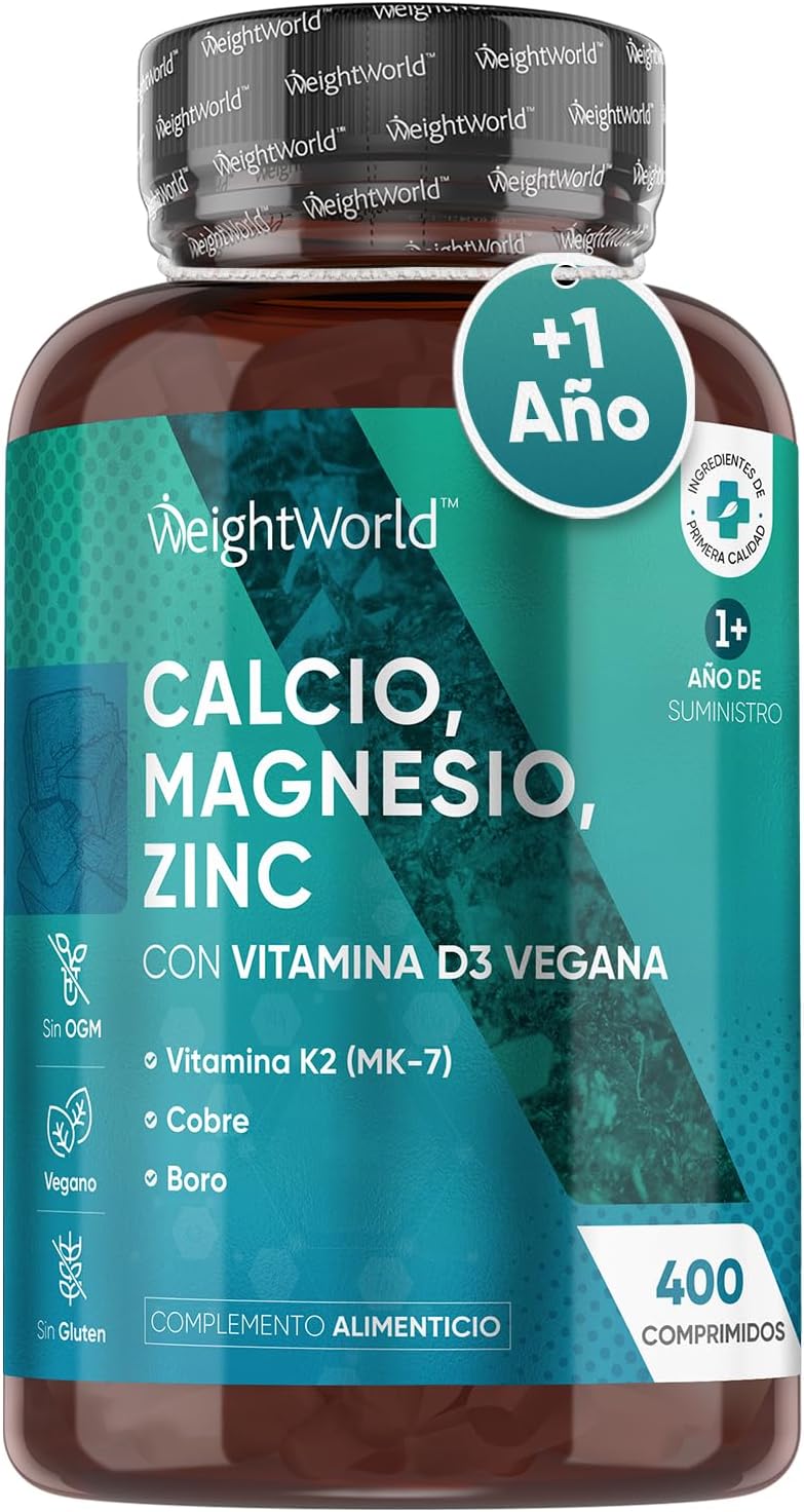 Calcio, Magnesio y Zinc con Vitamina D3, K2 y Más - 400 Comprimidos Veganos (+1 Año) - Complejo de Vitaminas y Minerales, Sin Gluten, Sin Lactosa