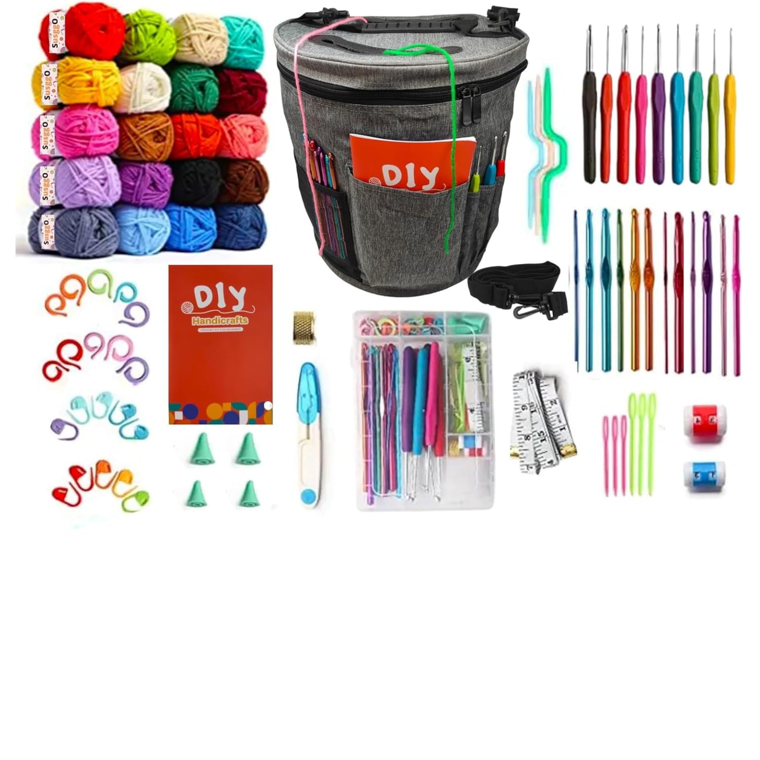 Tusmad Complete Crochet Kit for Beginners Adults and Kids - Make Amigurumi and Other Crocheting Kit Projects - Includes 20 Colors Crochet Yarn, Hooks, Book, Bag - Crochet Starter Kit for Beginners