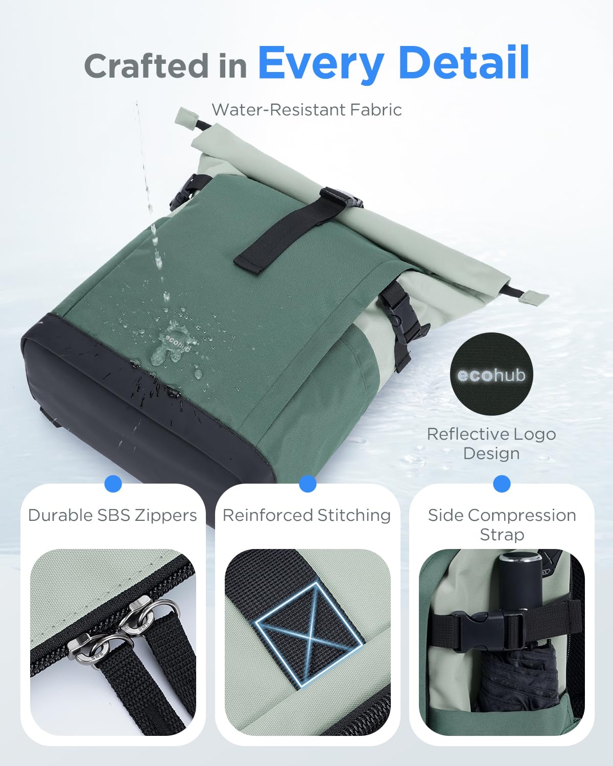 ECOHUB Rolltop Rucksack 20-27L 15.6 Zoll Laptop Rucksack mit Schnellzugriff Urbaner Tagesrucksack Forest Sage