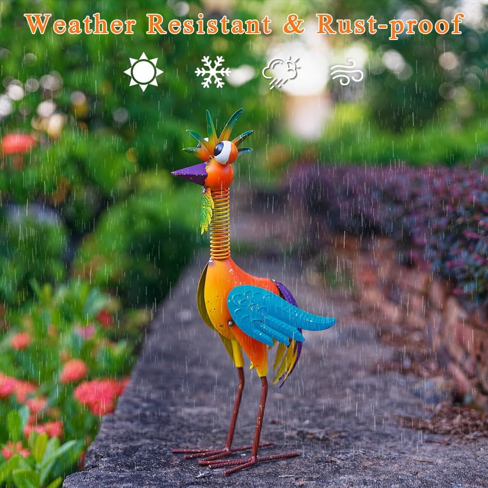 Metal Wacky Rooste Garden Statue, Rooster Decor Yard Statue Decorations Outdoor, Chicken Yard Art for Outside, Patio, Backyrad, Lawn (Orange)