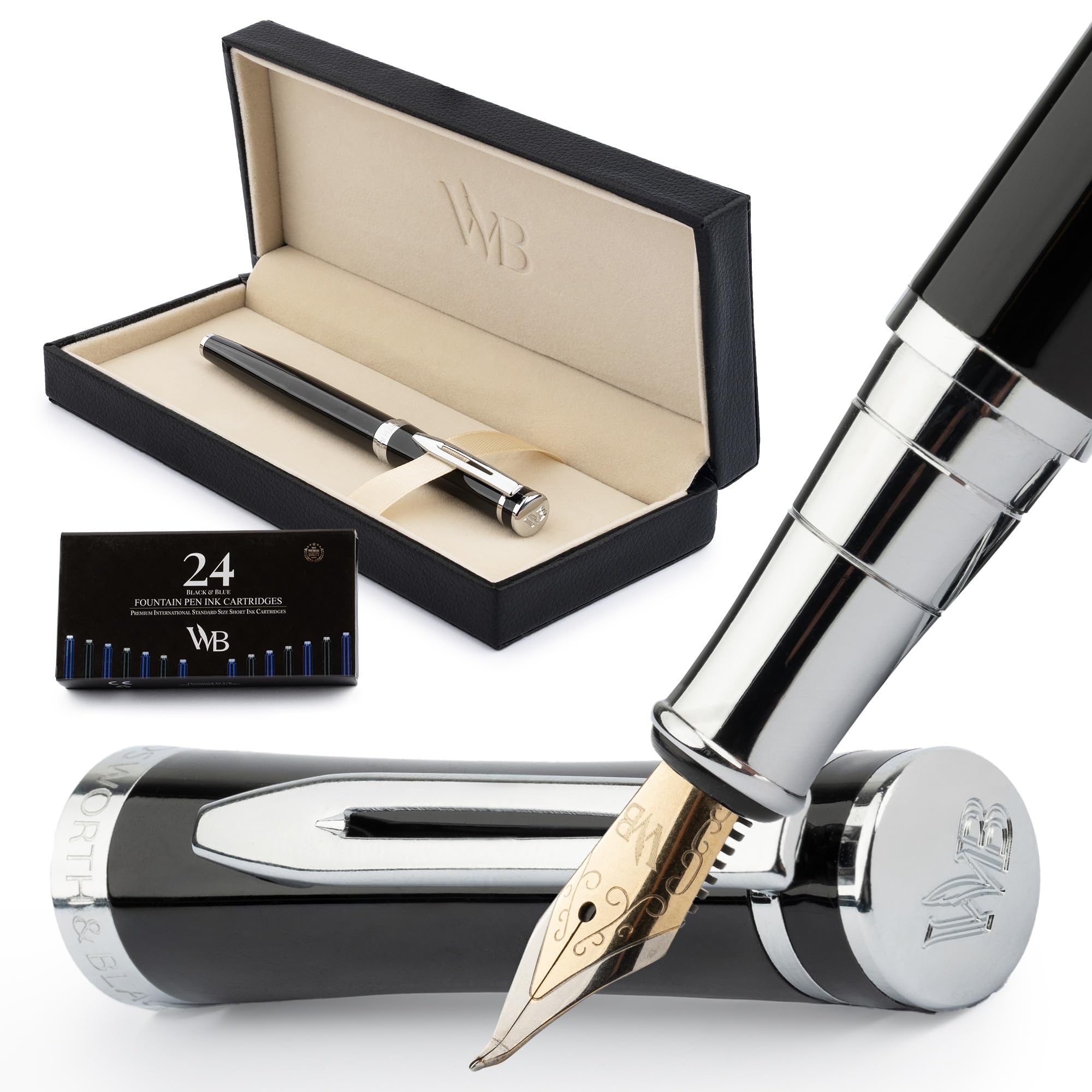 Wordsworth & Black Fountain Pen Set, Curved Nib, Includes 24 Pack of Ink Cartridges, Ink Refill Converter and Gift Box, Chrome Finish, Calligraphy, [Black Chrome], Ideal for Men and Women : Office Pro