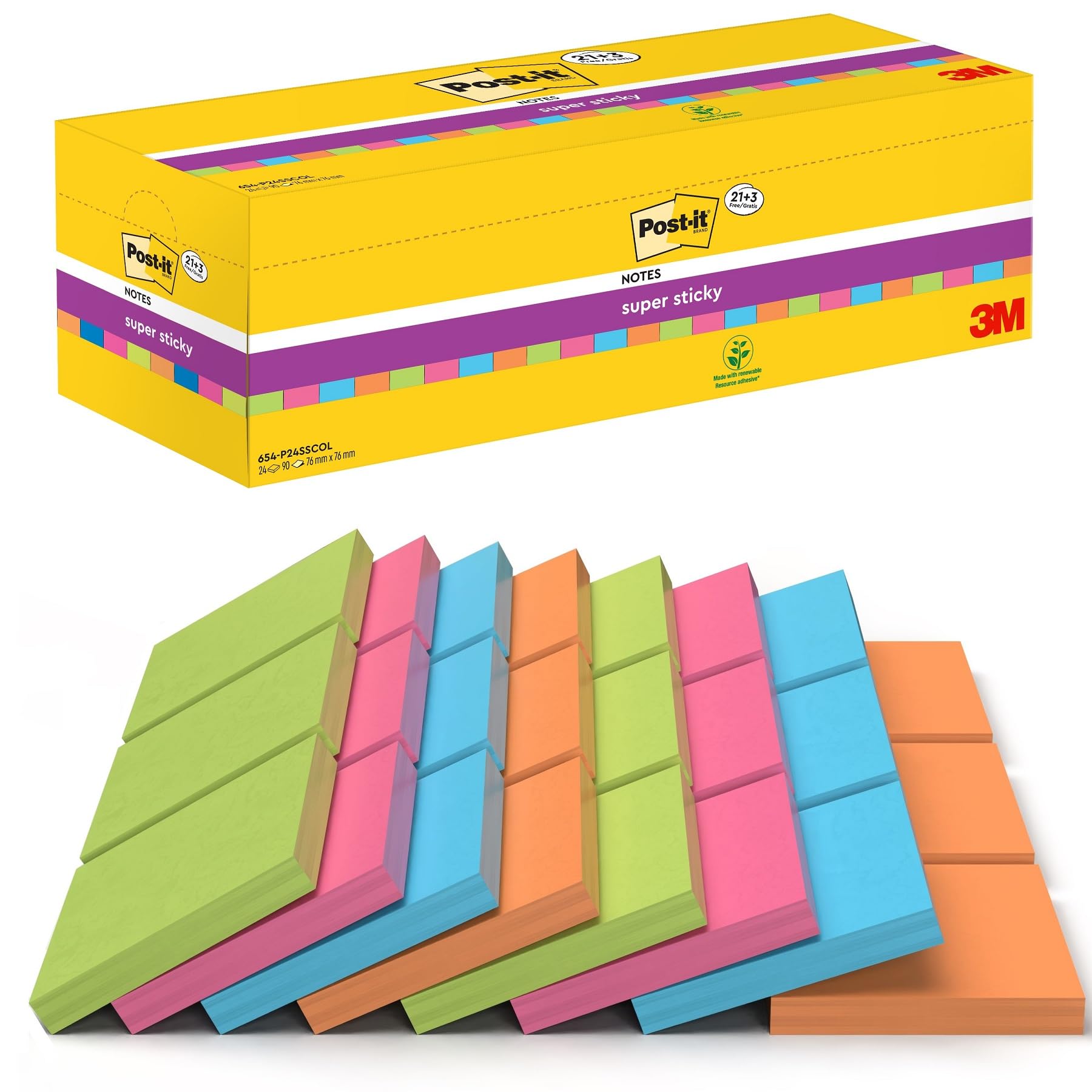 Post-it Super Sticky Notes - Pack 24 Blocs - 90 Feuilles 76x76mm - Couleurs Assorties - Adhésif Renforcé