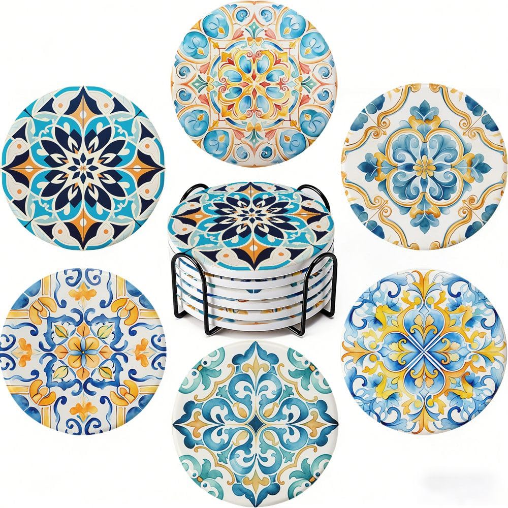 Floral Ceramic Coasters Set of 6 with Holder