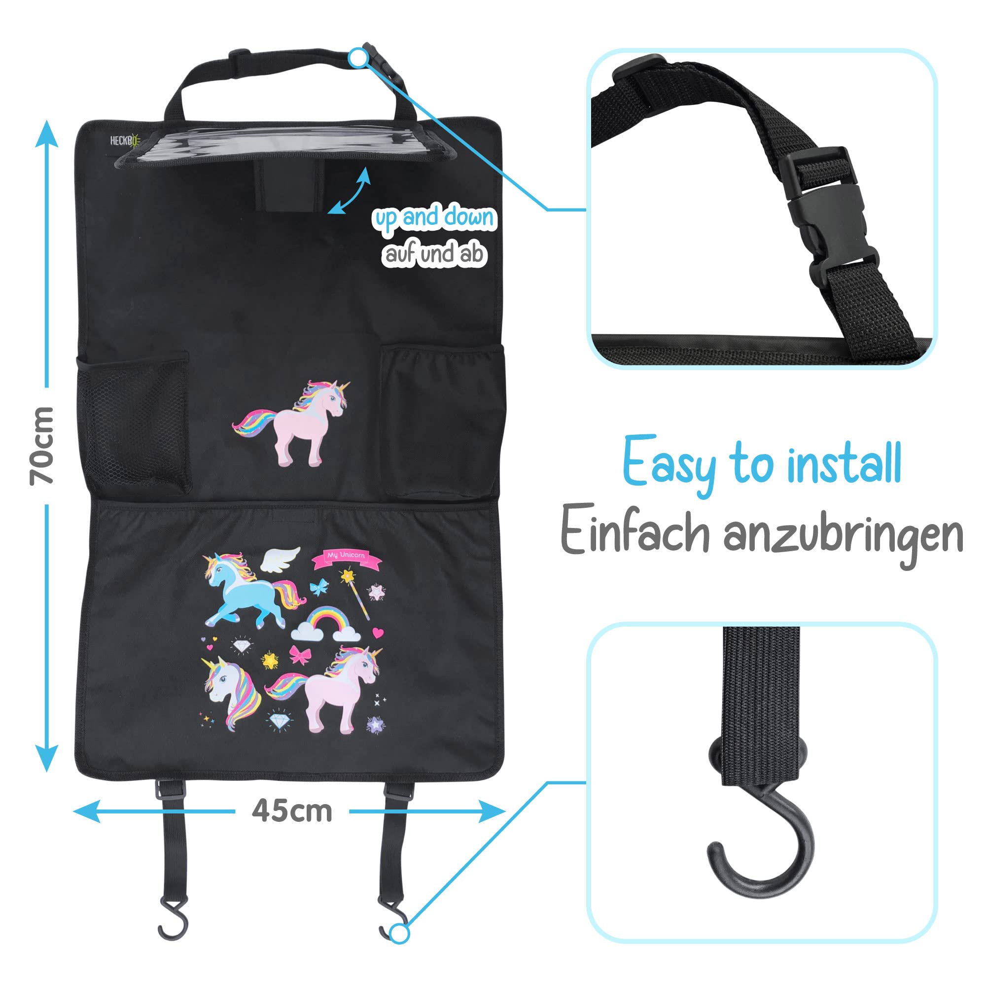 HECKBO 2x Protezione schienale sedile auto bambini con organizer e tasca tablet regolabile e scomparti porta accessori – Monster unicorno – 70x45 cm – incl. portabibite + rete portaoggetti