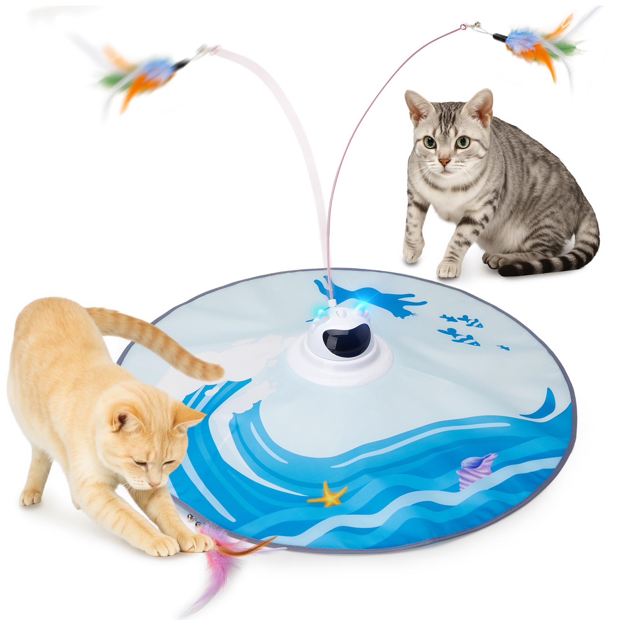 Toozey Interactive Cat Toy, Electric Hide and Seek Cat Toys with 3 Interchangeable Feathers, Rechargeable, Intelligent Toy for Self-Entertainment with Remote Control, Blue