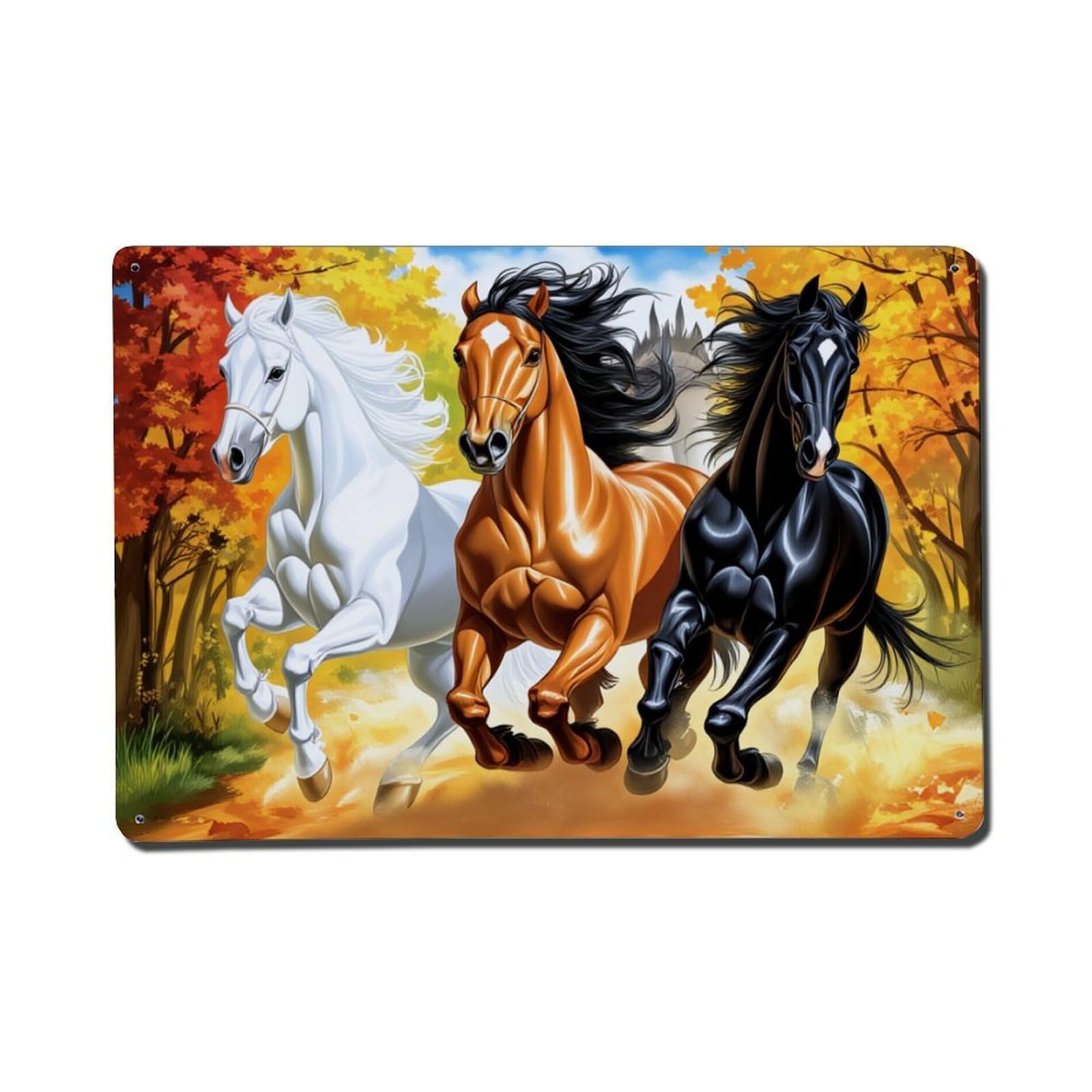 Three Horses Running Autumn Forest Tin Sign Vintage Metal Poster, Home Bar Garage Man Cave Cafe Indoor & Outdoor Wall Decoration 8x12Inches