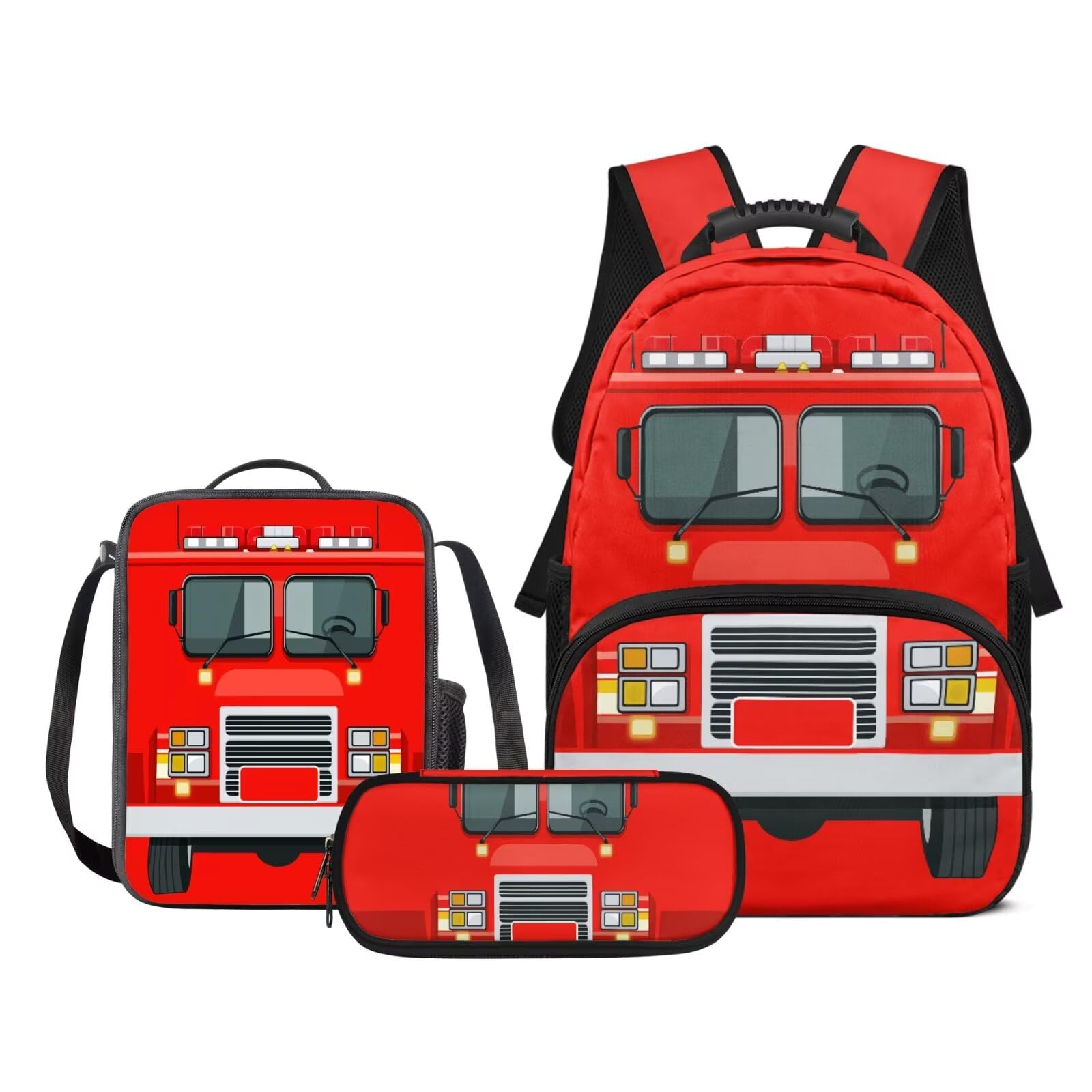 Zarisguat 3PCS Cute Fire Truck Kids Backpack for Boys Girls Primary Backpacks Lightweight Elementary School Bookbag with Lunch Box and Pencil Case Set