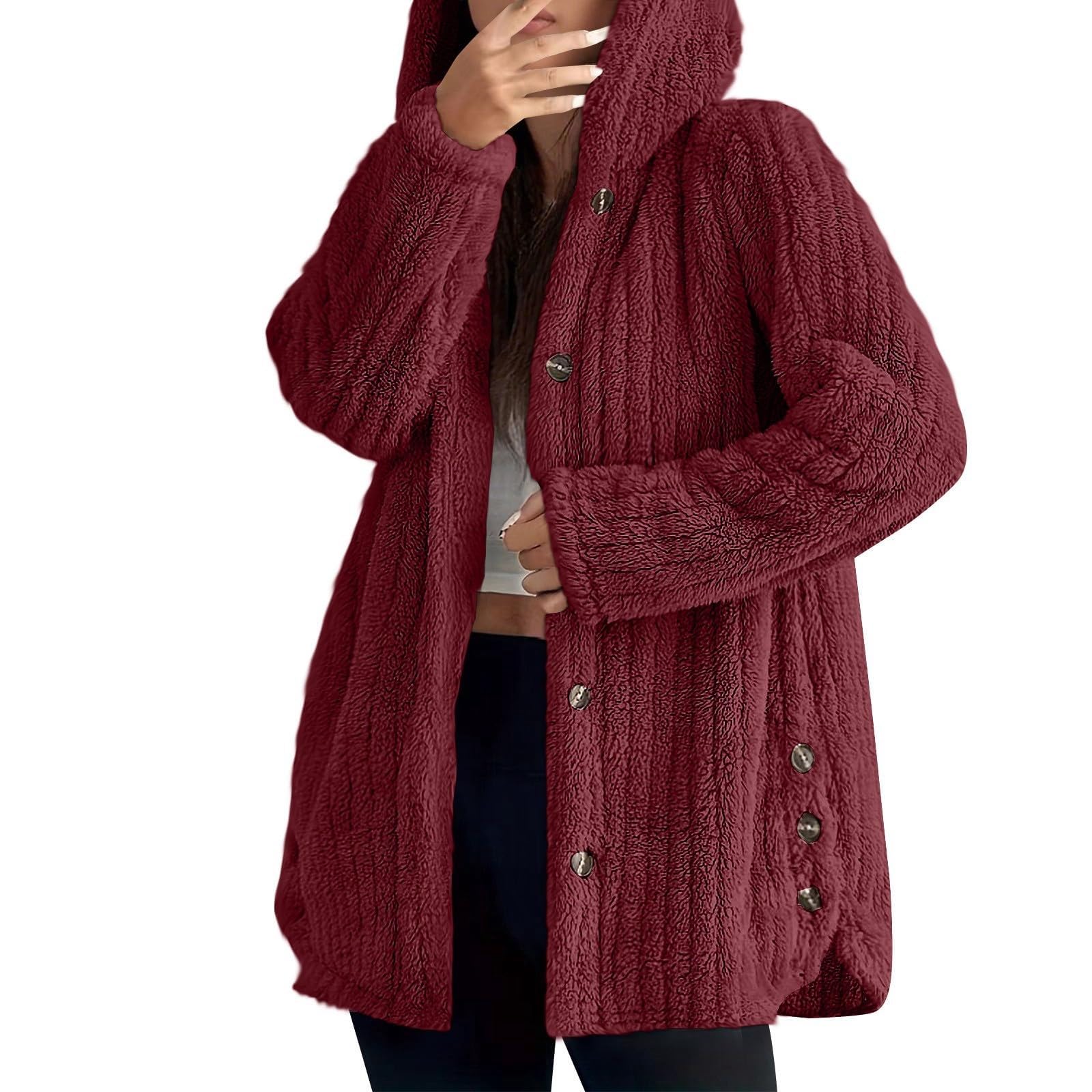 Chaqueta Mujer Invierno Abrigos De Cazadora Forro Polar，Chaqueta polar femenina capucha invierno abrigada manga larga botones holgada informal uso diario clásica