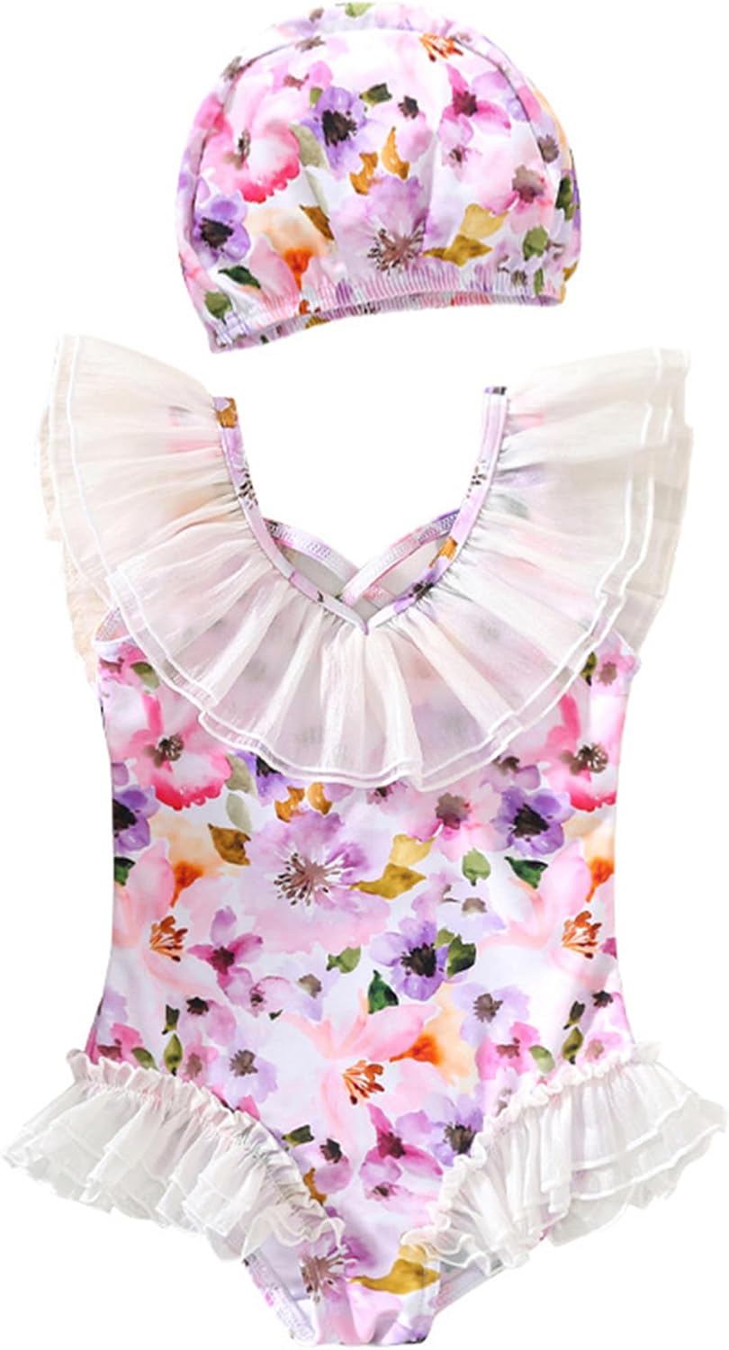 Children Girls One Piece Swimsuit Bathing Suit with Swim Cap Adorable Ruffled Design Sleeveless Printed