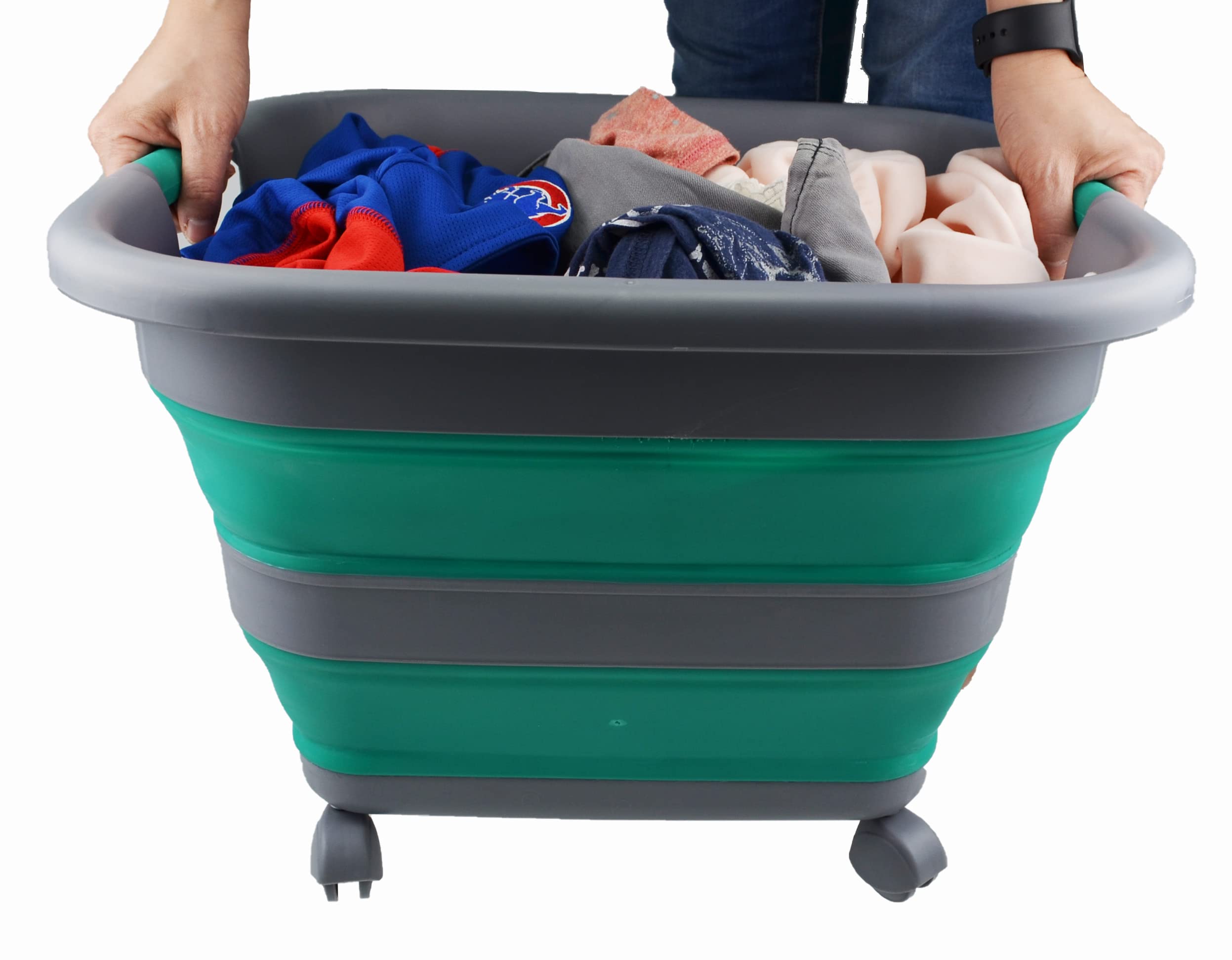 SAMMART Faltbarer Wäschekorb aus Kunststoff mit Rädern, 39 l, zusammenklappbar, mit Rollen, tragbare Waschwanne, platzsparender Korb (1, Dark Grey/Bluish-Green)