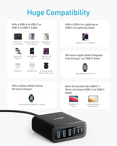 Anker Desktop Charger, Fast Charging USB C Charger, 112W Max 6-Port Charging Station, for iPhone 17, iPad, MacBook, Samsung and More (Cable Not Included)(Black)
