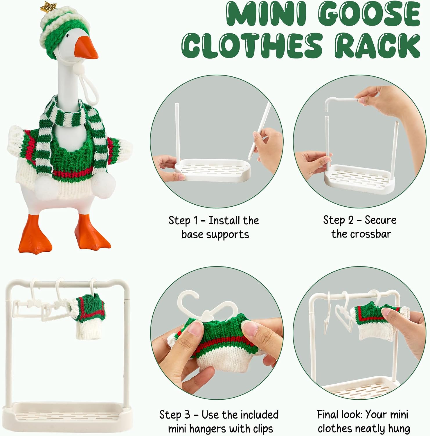 4 Sets 7 Inch Desk Goose Christmas Outfits, Knit Sweater Santa Hat Scarf Gloves & Accessories with Hanger Stand for Desktop Goose Statue Holiday Decor Gift image 5