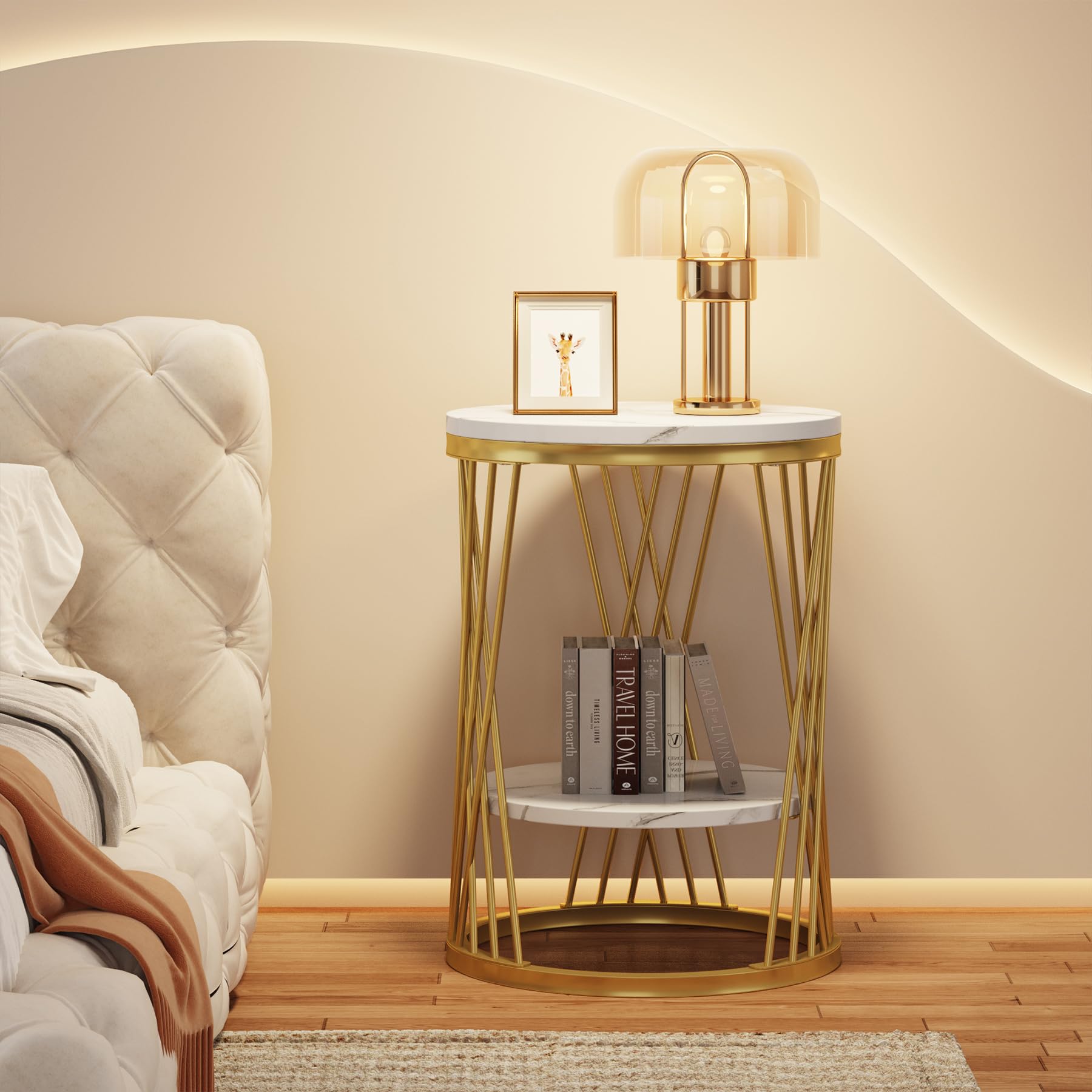 Tribesigns Set di 2 tavolini rotondi in oro bianco con ripiani in finto marmo, comodino a 2 ripiani, tavolino sottile per caffè, snack, divano, camera da letto, soggiorno (2 pezzi)