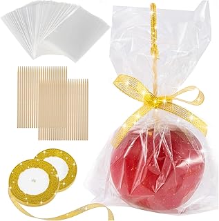DIY Candy Apple Making Accessory Kits - 48 Pcs Bamboo Sticks & Parcel Bags and 2 Rolls of 25 yd Glitter Ribbon Large Lollipop Kits for Weddings Birthdays Party Homemade Fruit Cookie Wrapping(Gold)