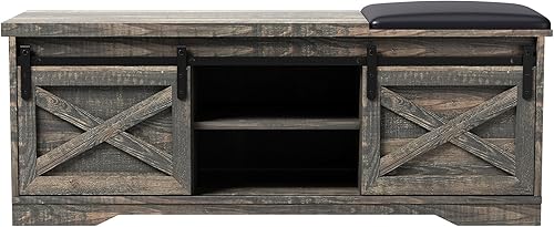 Miniatura 6 de Holaki Moderno banco de zapatos estilo granja con puertas correderas y grandes espacios, blanco, madera